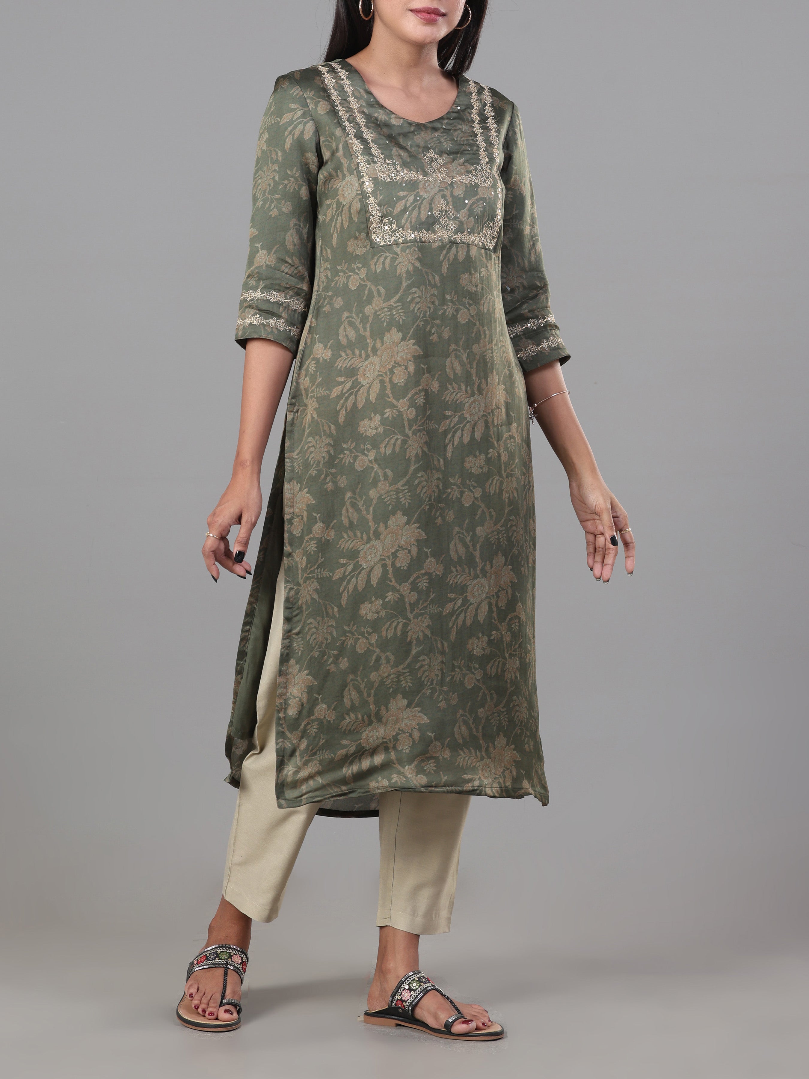 Olive Green Organza Satin Kurti With Embroidery And Matching Bottom