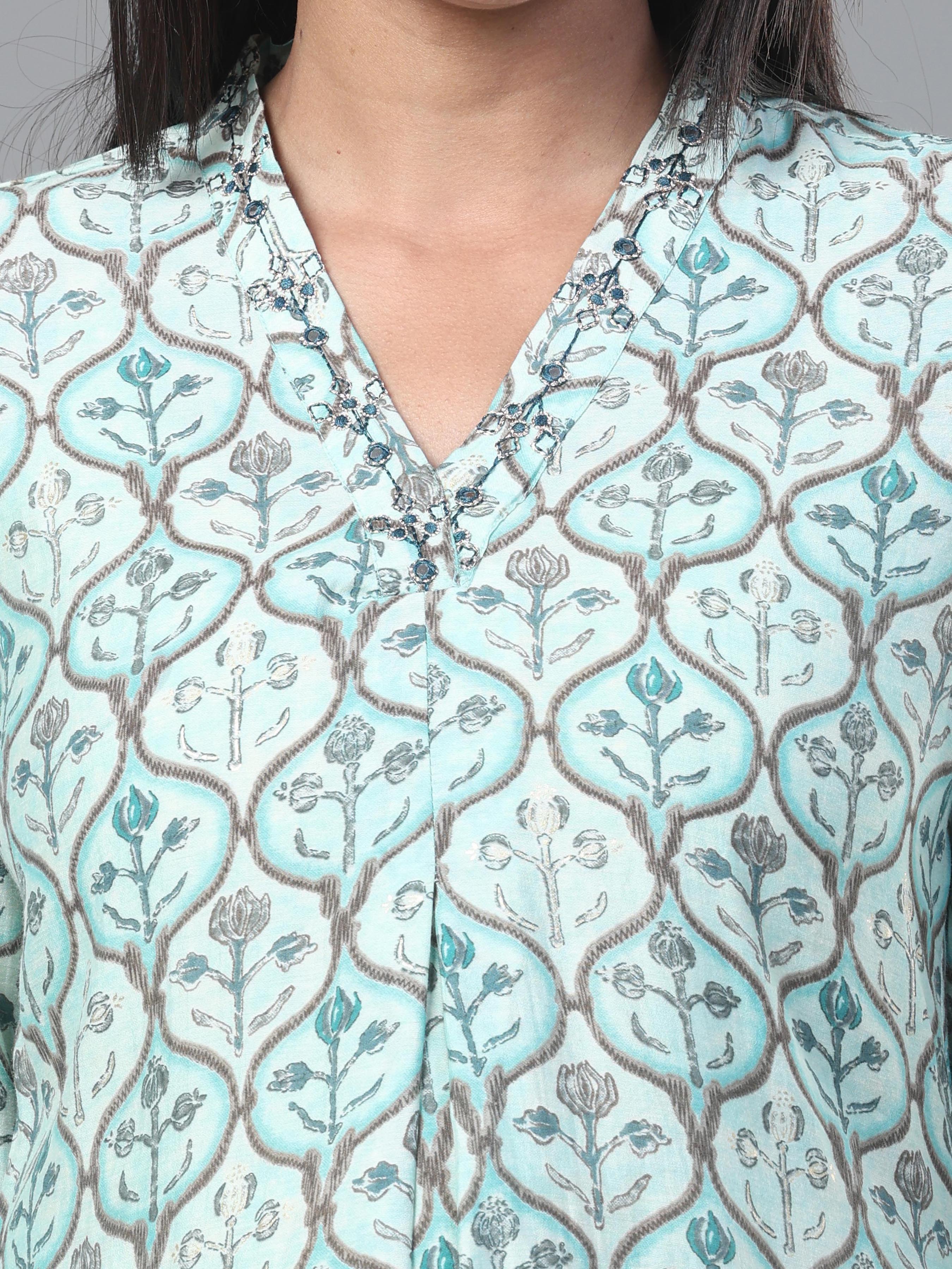 Light Blue Modal Chanderi Kurti With Embroidery