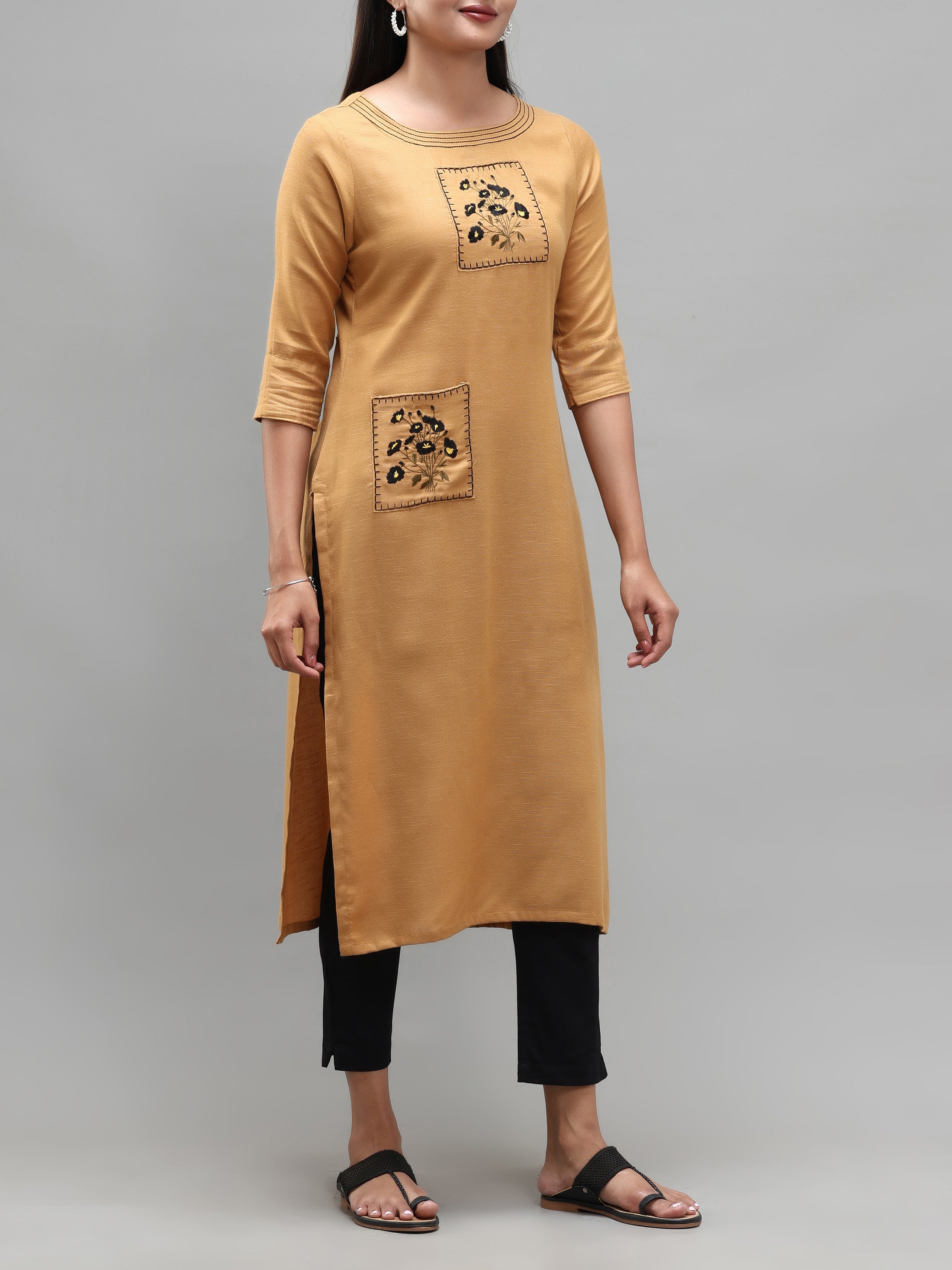 Mustard Yellow Viscose Plain Kurti With Embroidery