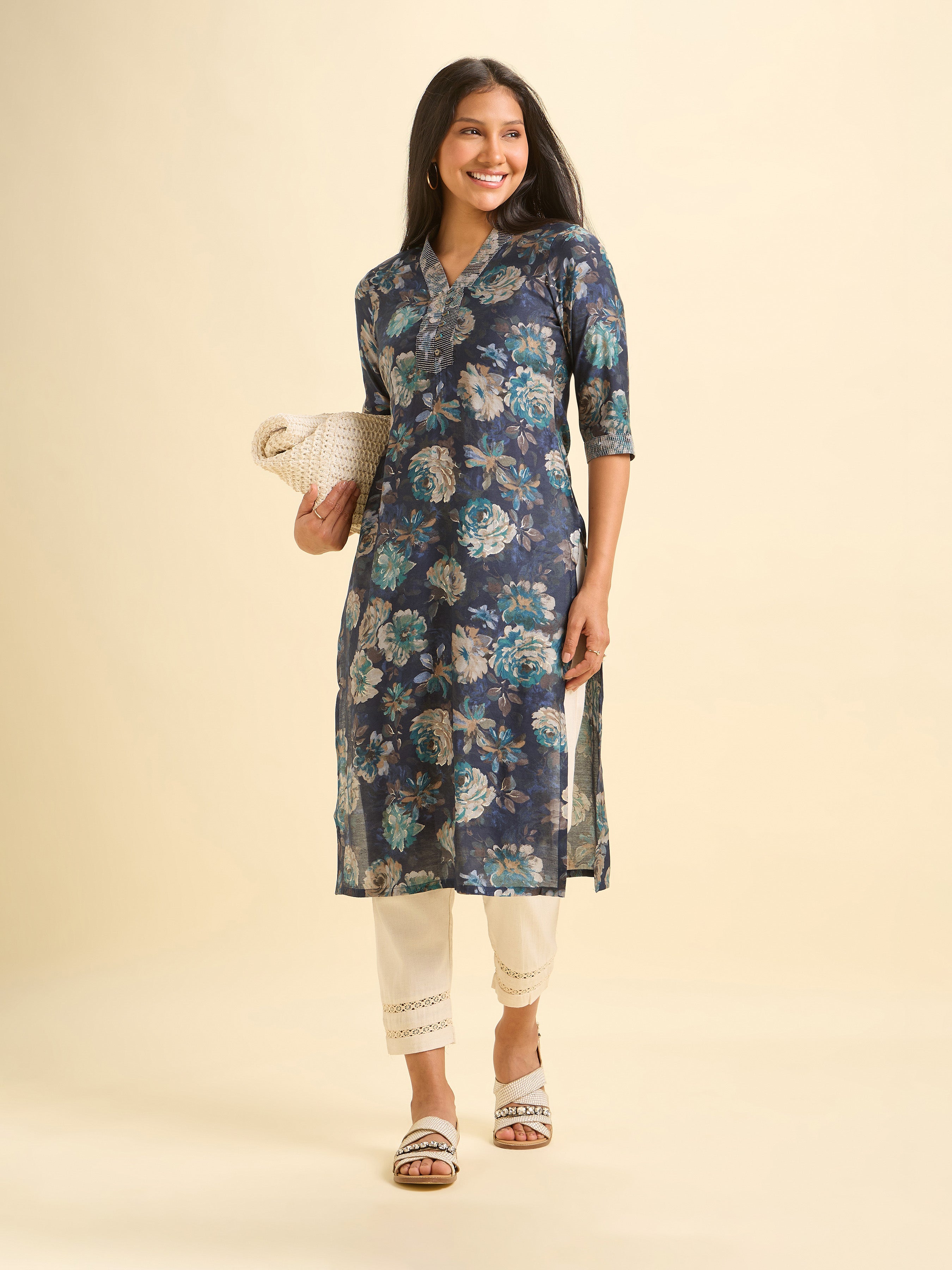 Navy Blue Modal Chanderi Printed Slited Kurti With Embroidery