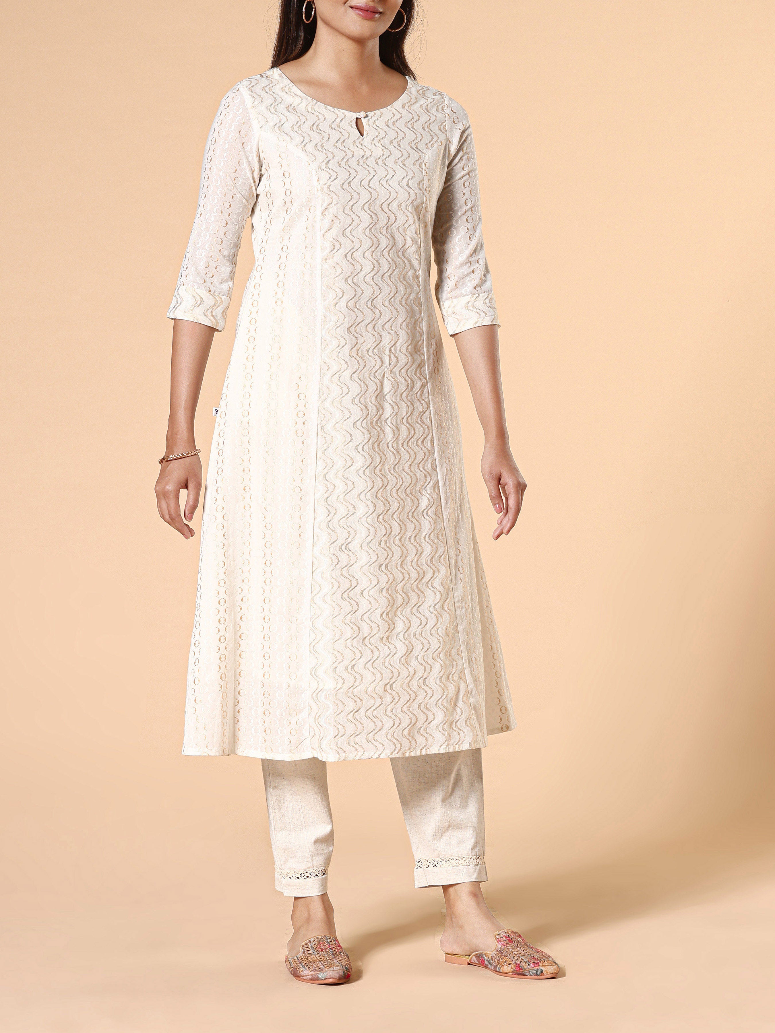 Ivory Cotton Jacquard Kurti With Center Cut