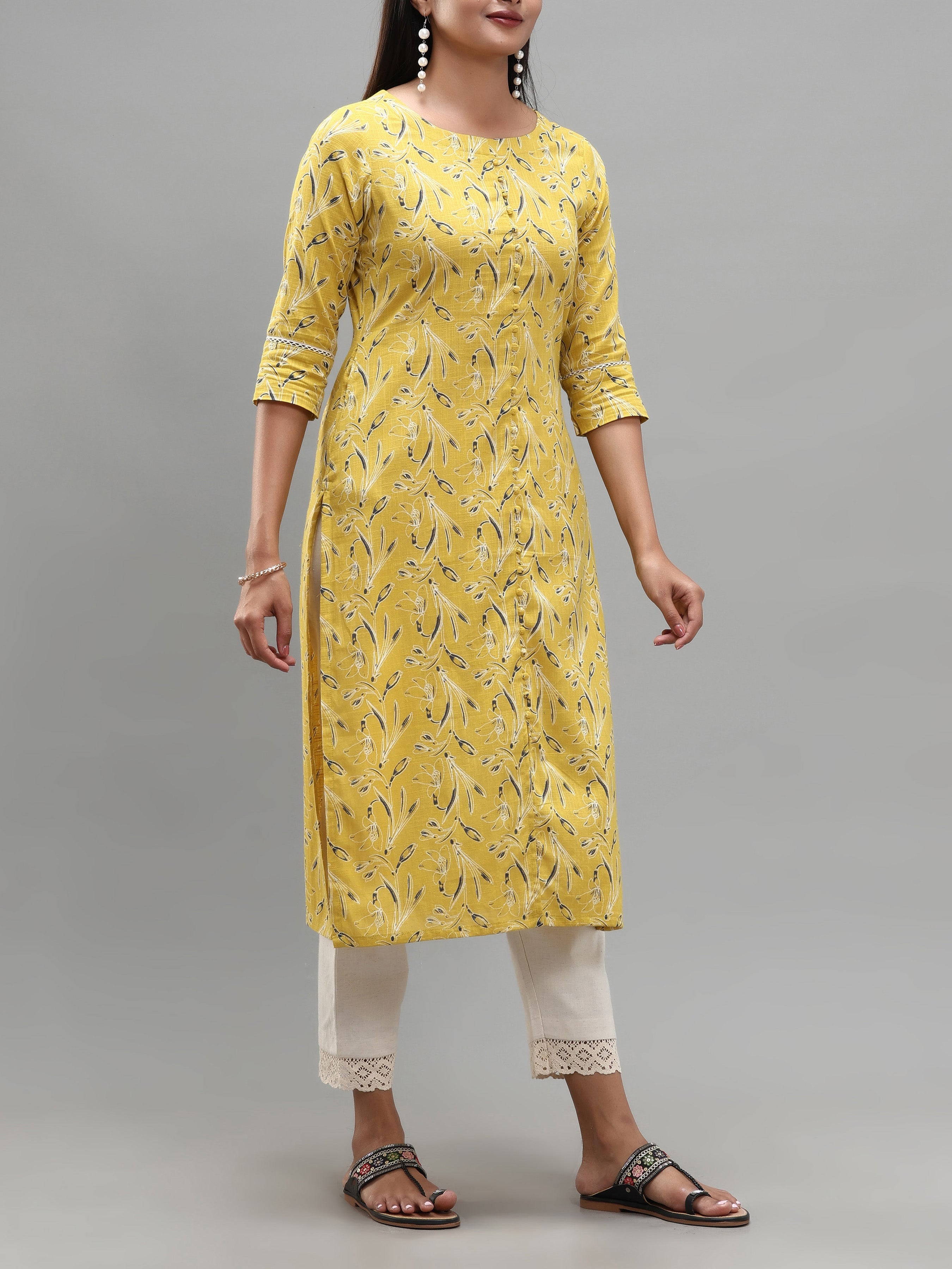 Lemon Yellow Cotton Slub Printed Kurti With Lace Detailing
