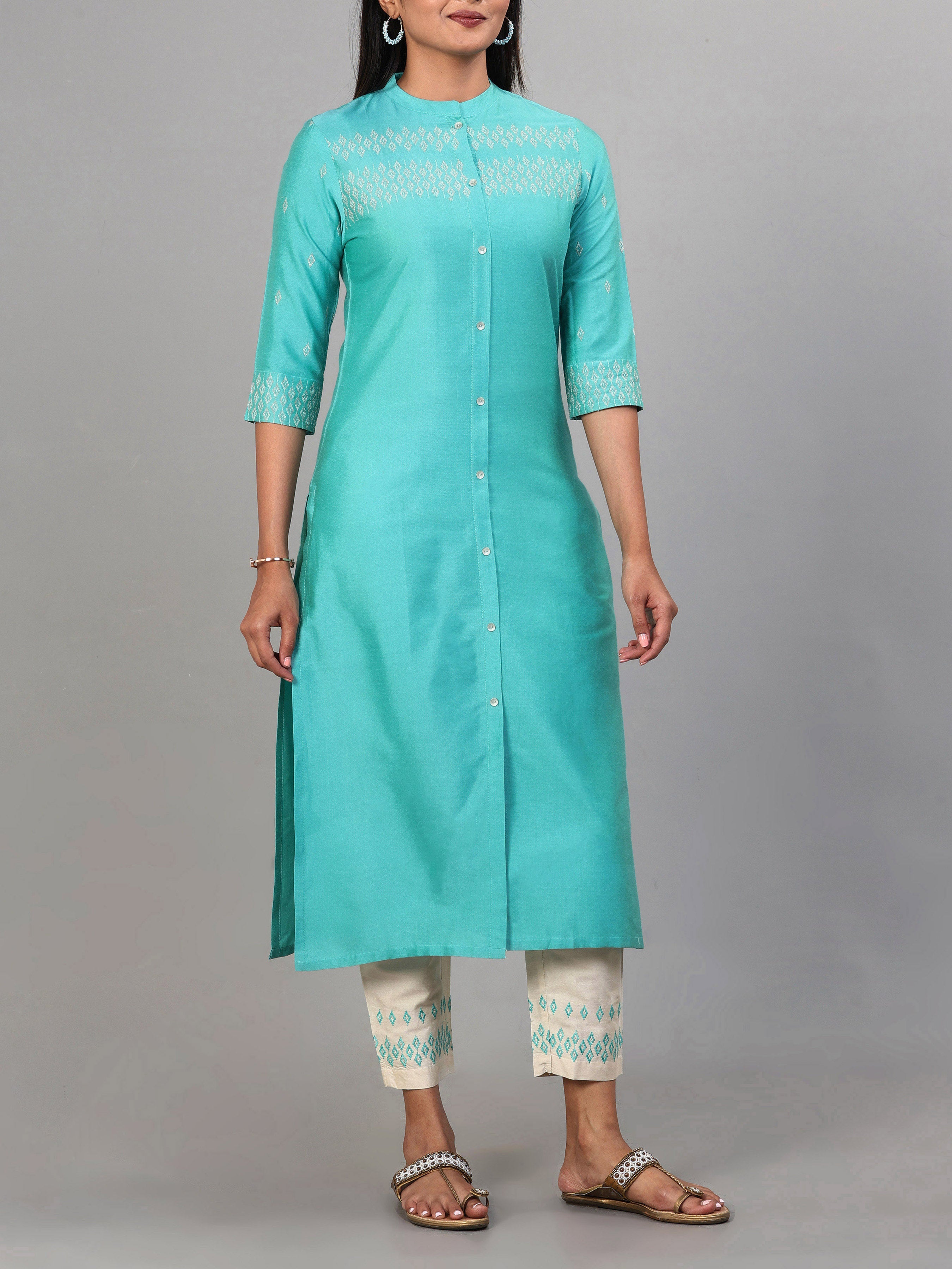 Aqua Blue Poly Viscose Kurti With Embroidery And Matching Bottom