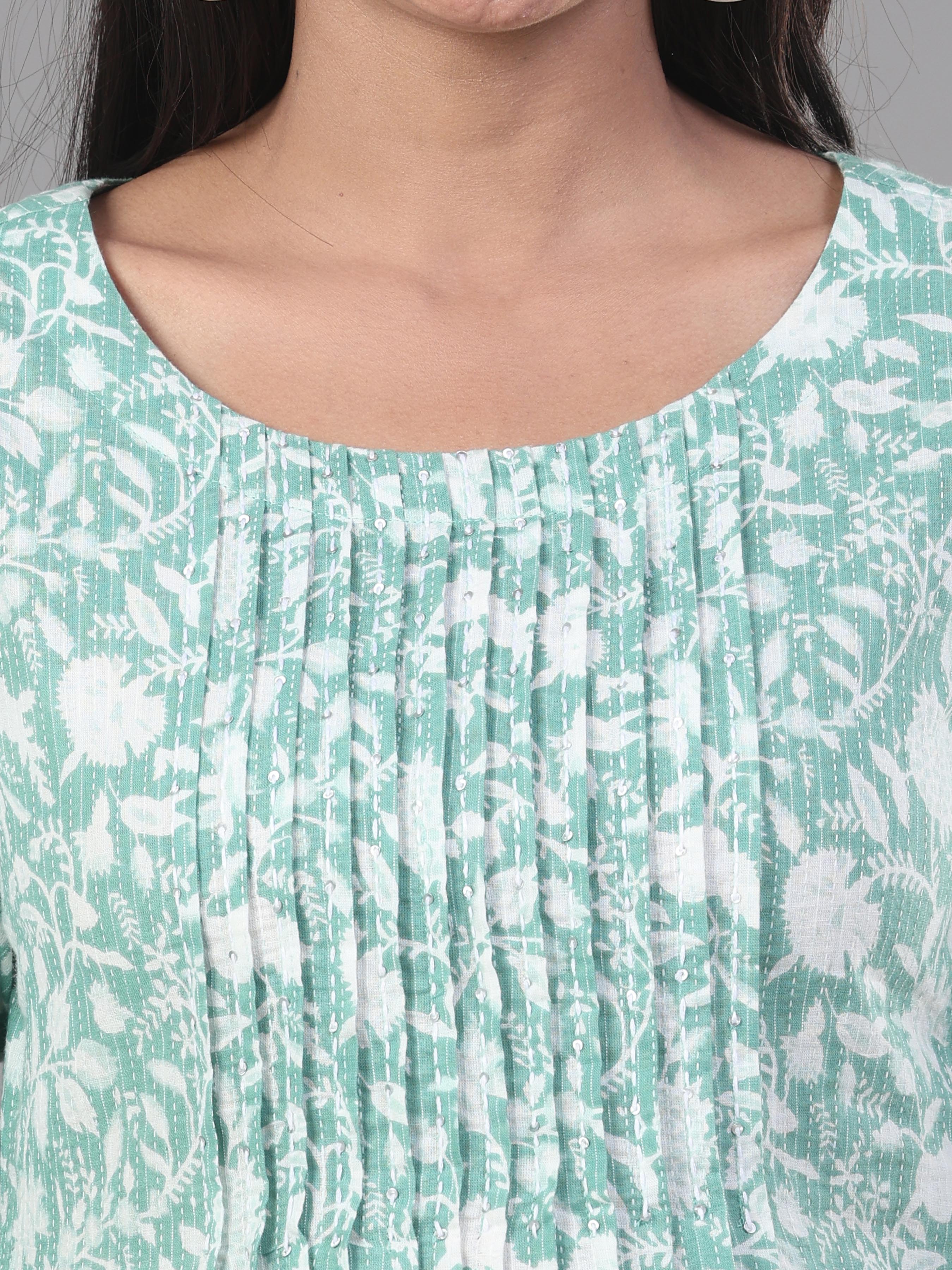 Mint Green Pure Cotton Katha Printed Kurti With Sequins Work