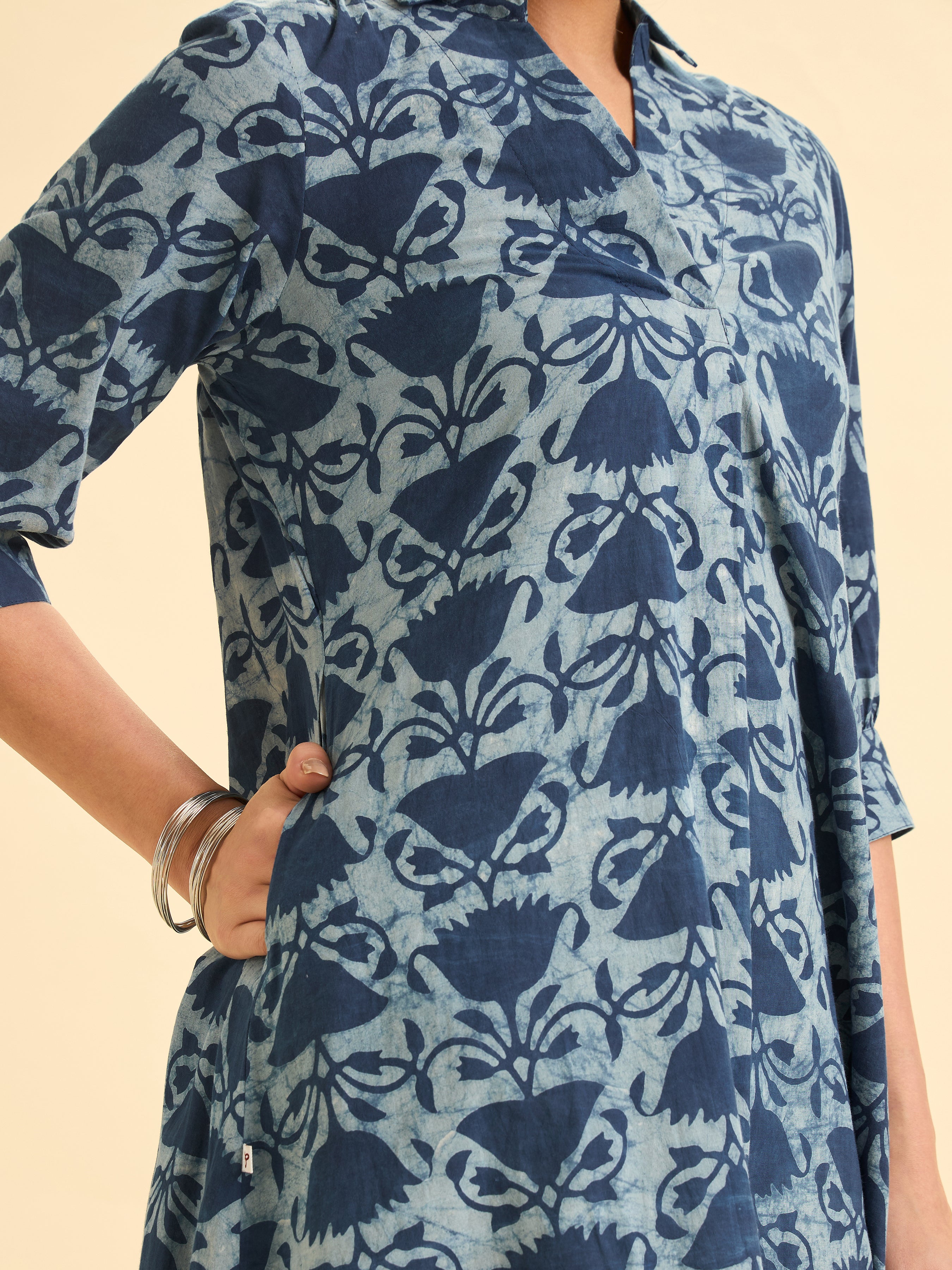 Indigo Cotton Printed Flared Kurti With Curved Hem