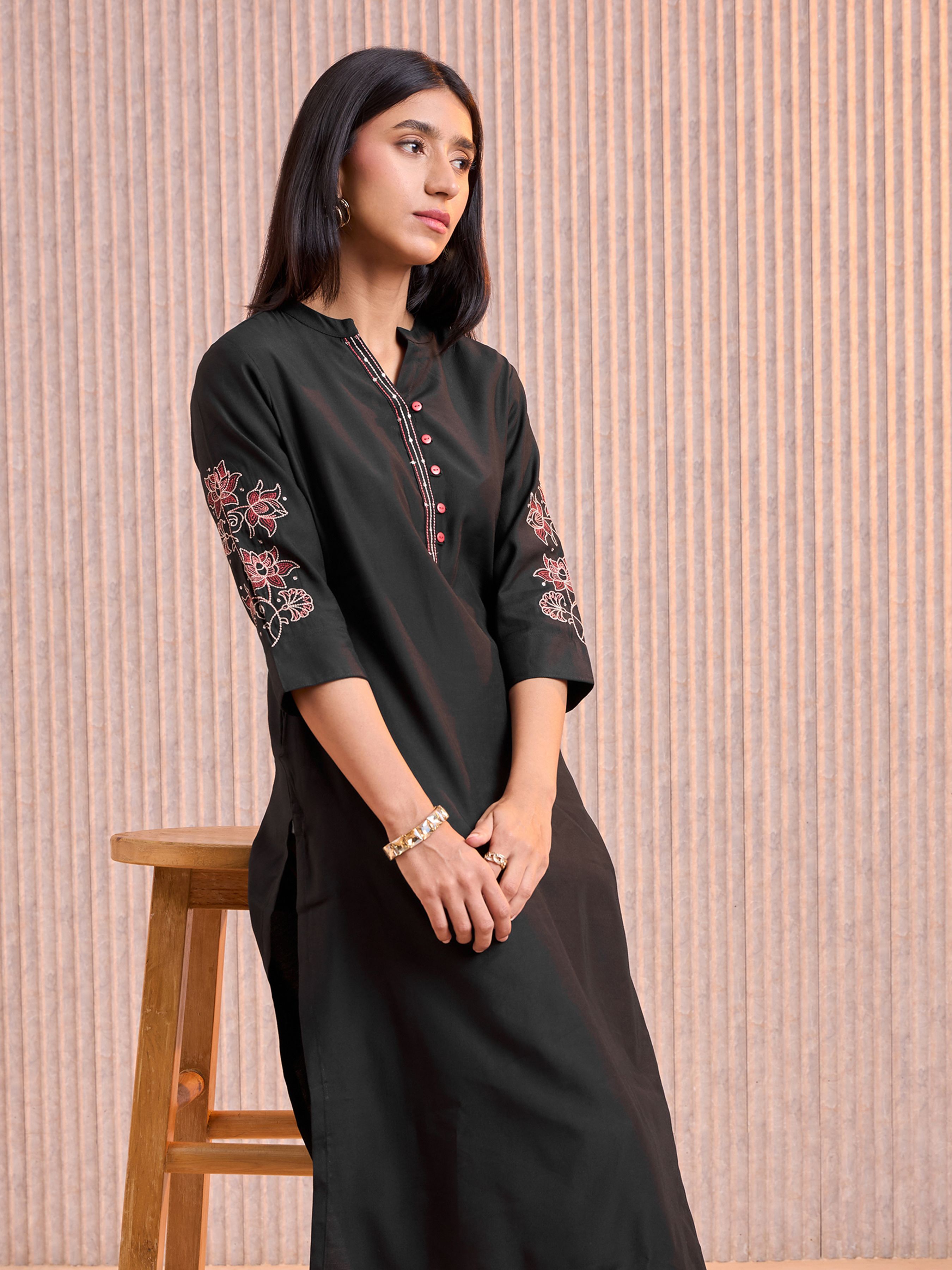 Black Viscose Plain Kurti With Embroidery& Sequins Work