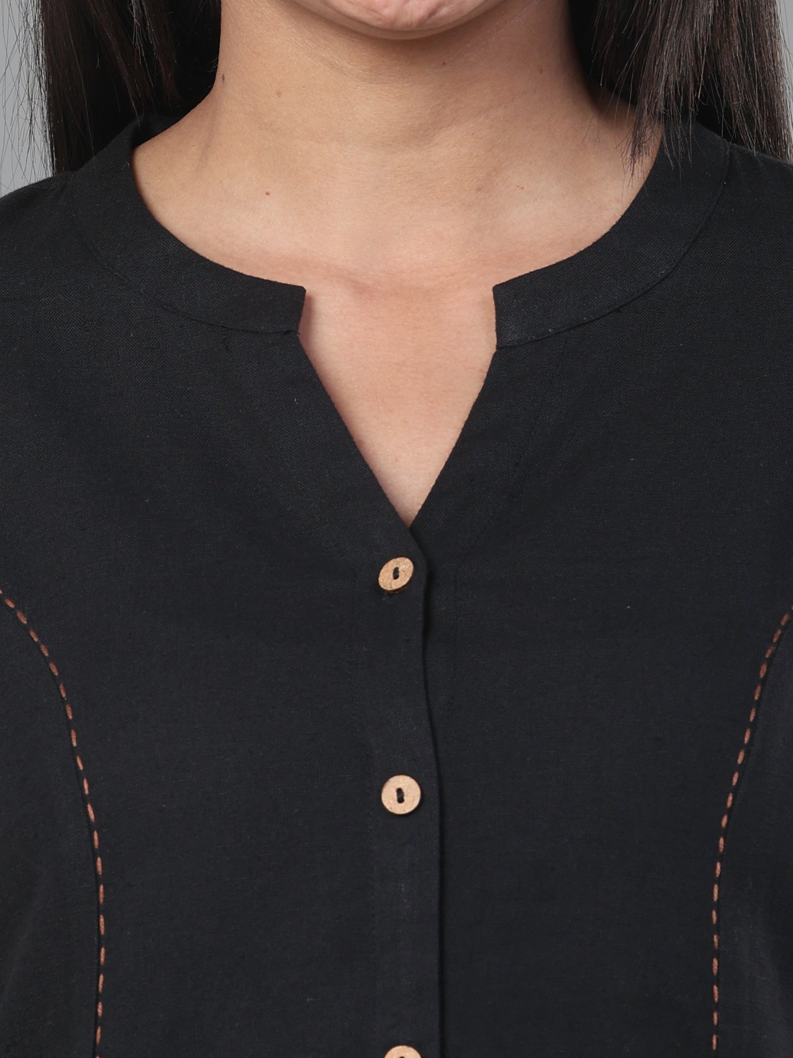 Black Cotton Flax Plain Kurti With Button Placket