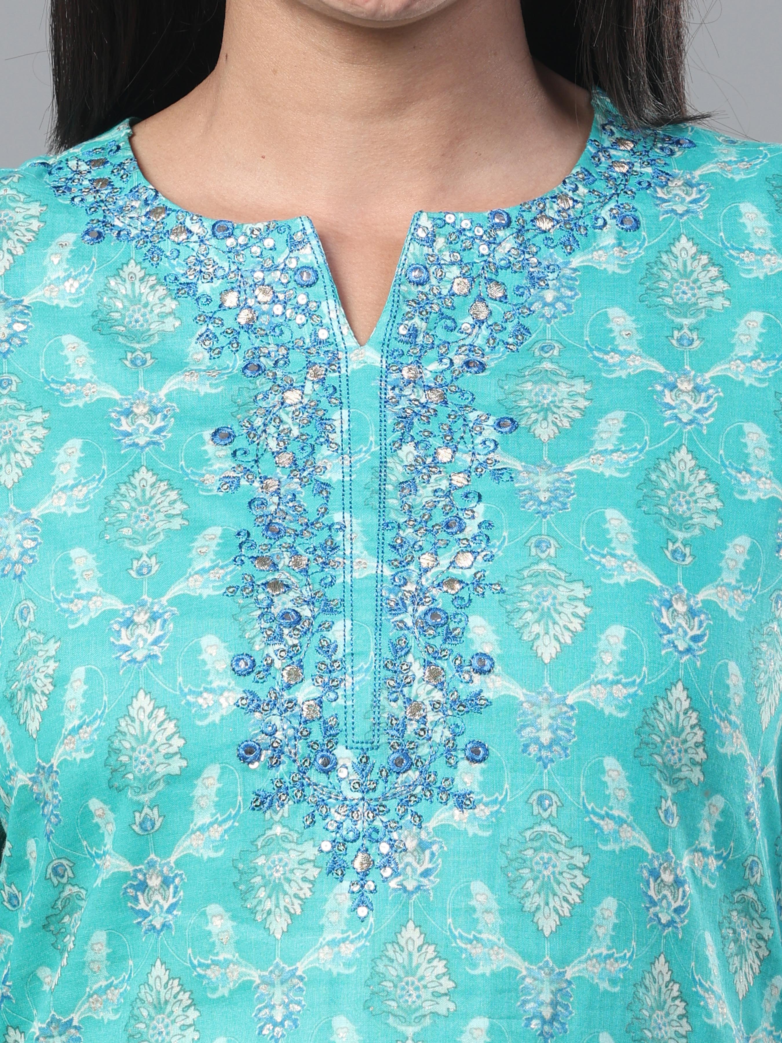 Aqua Blue Pure Cotton Printed Kurti With Embroidery