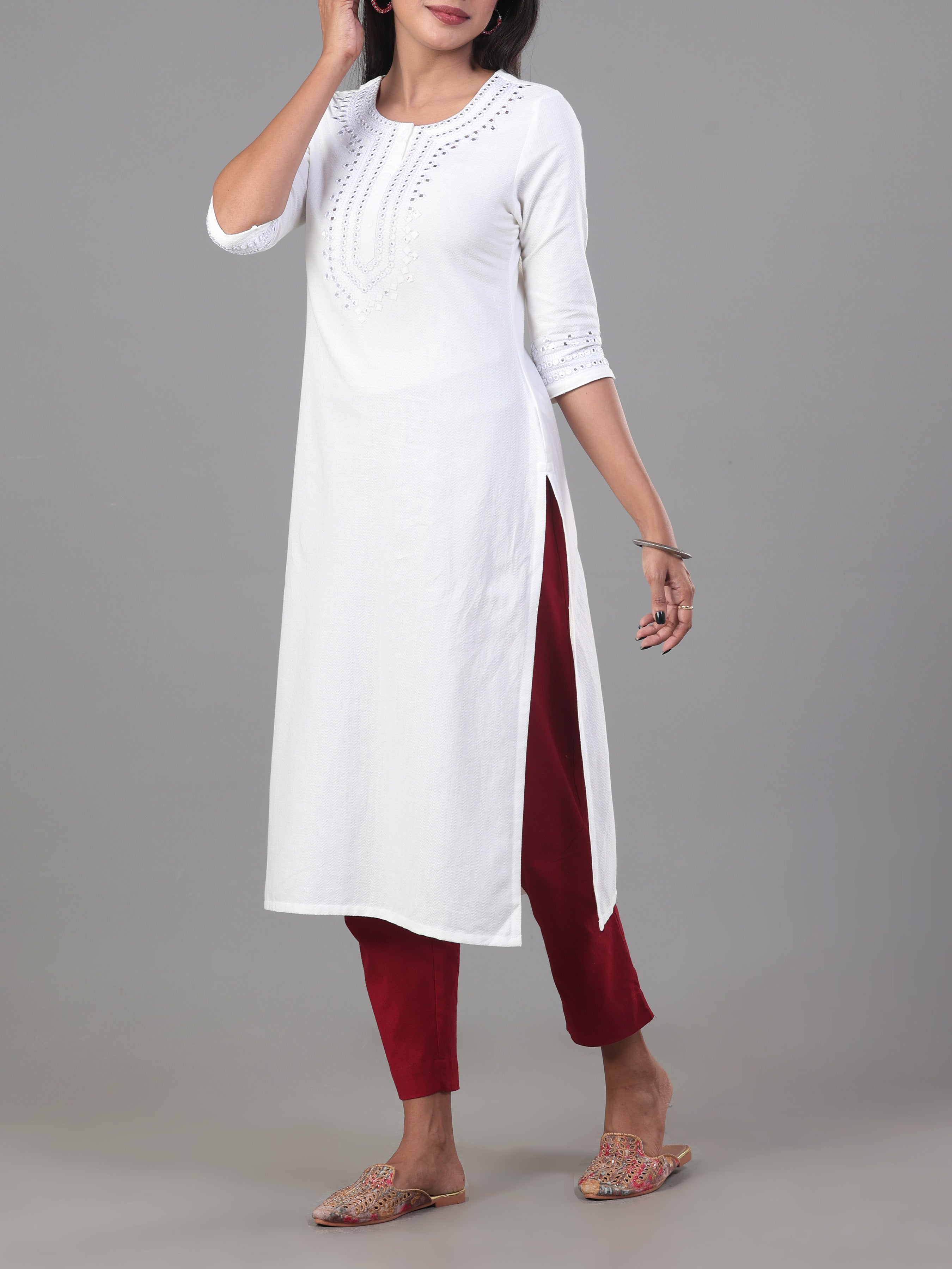White Cotton Jacquard Kurti With Embroidery