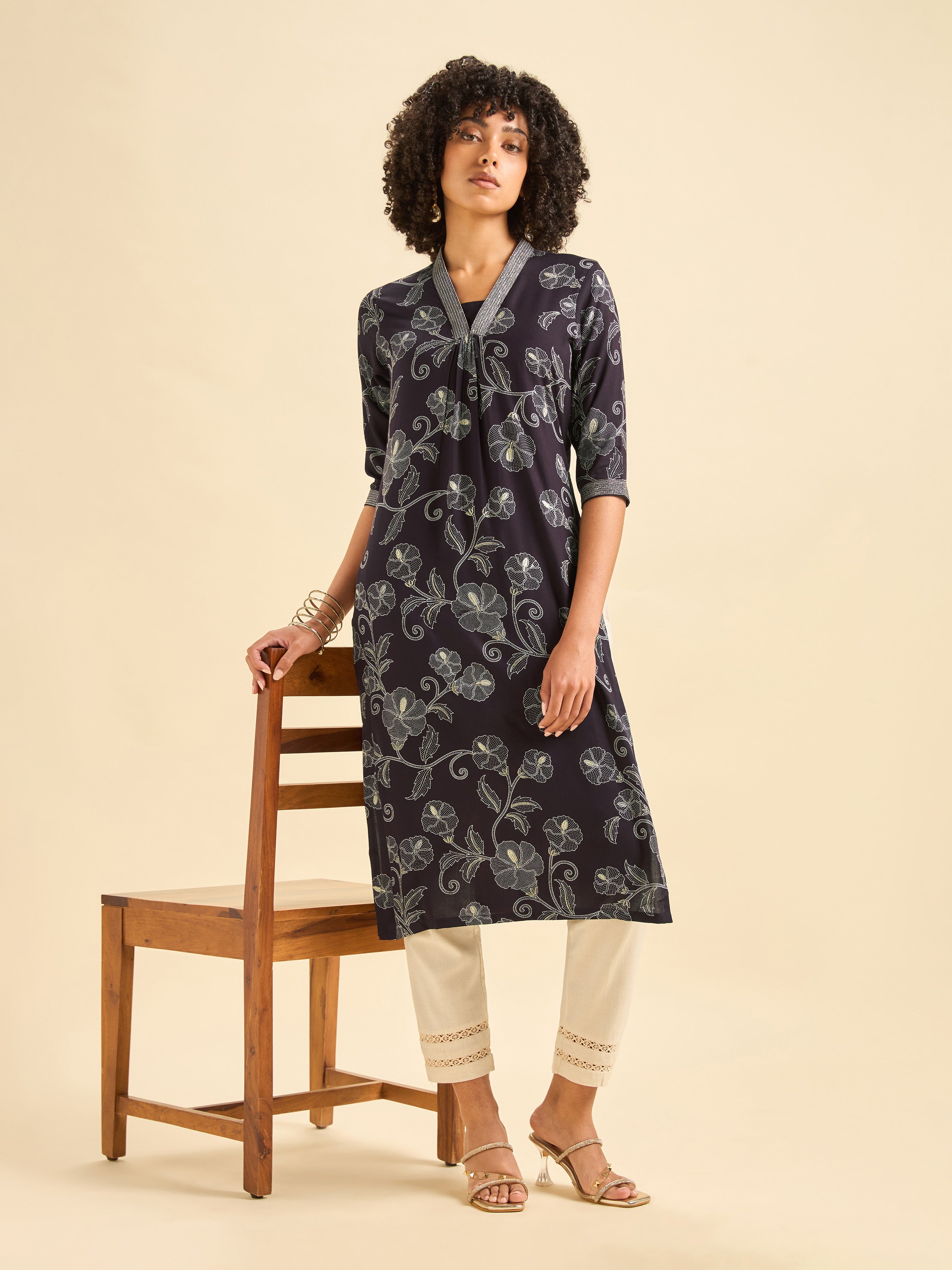 Dark Wine Red Viscose Slit Printed Kurti With Embroidery