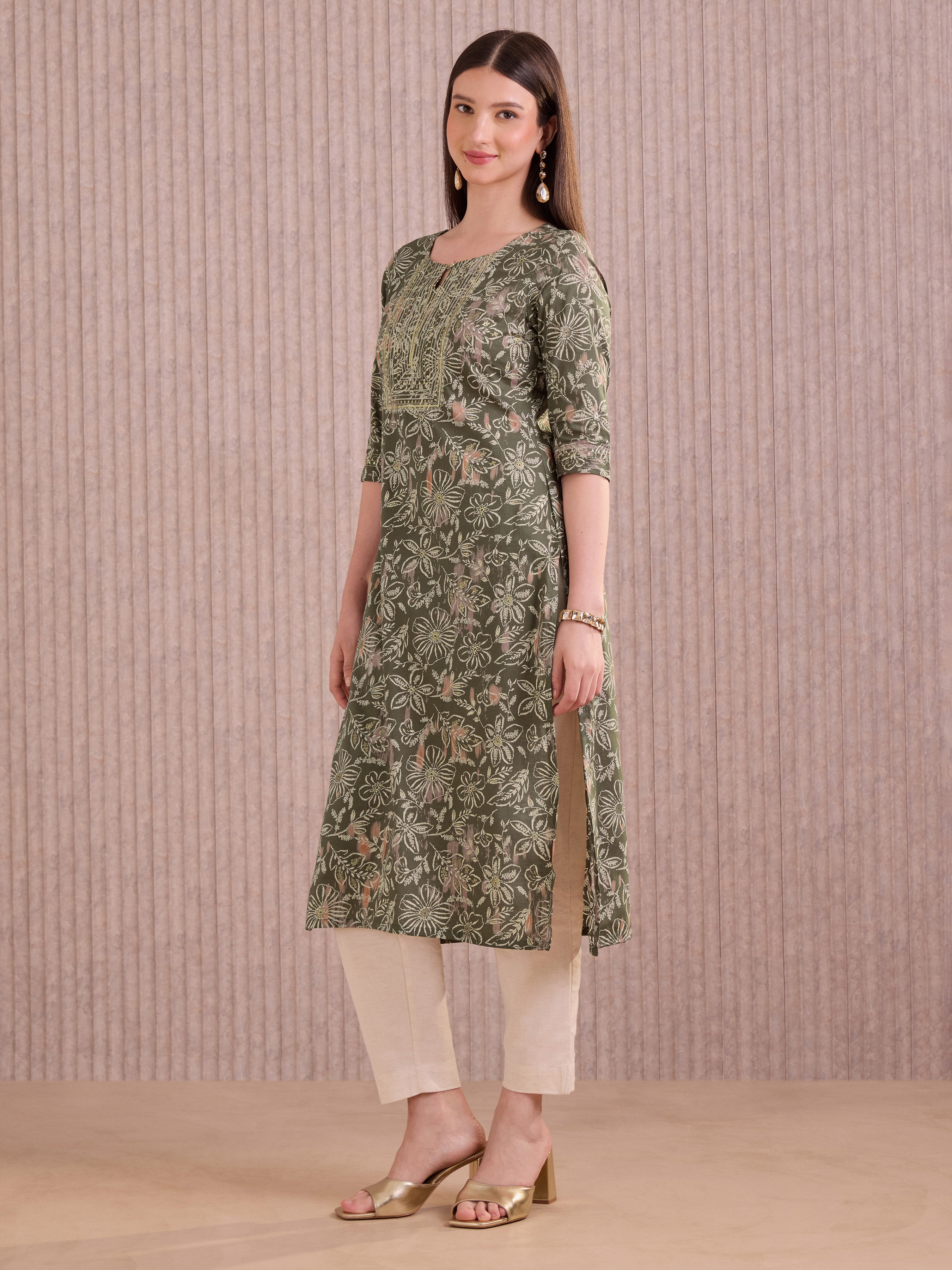 Olive Green Pure Cotton Foil Printed Kurti With Sequins Embroidery