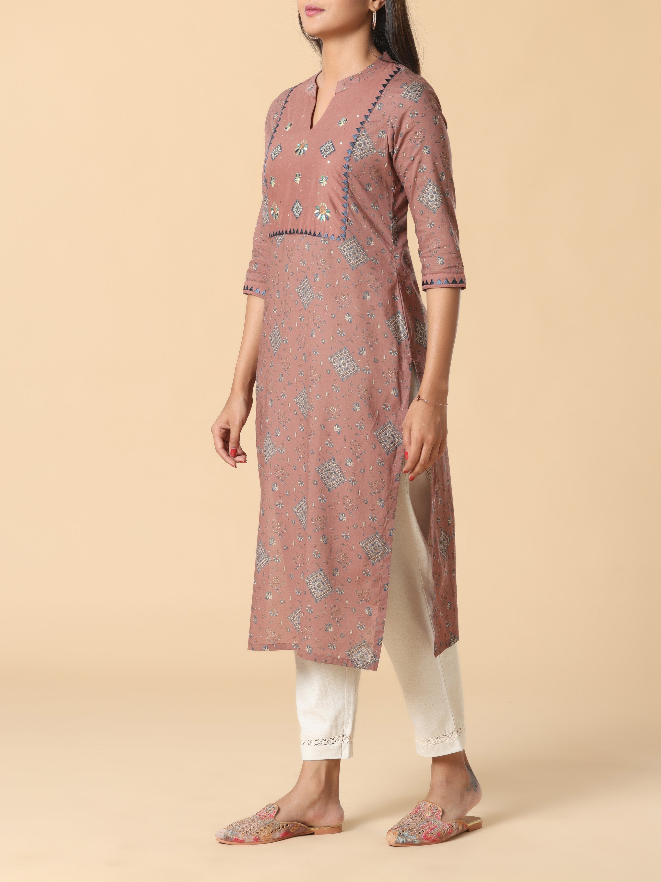 Light Brown Pure Cotton Printed Kurti With Embroidery