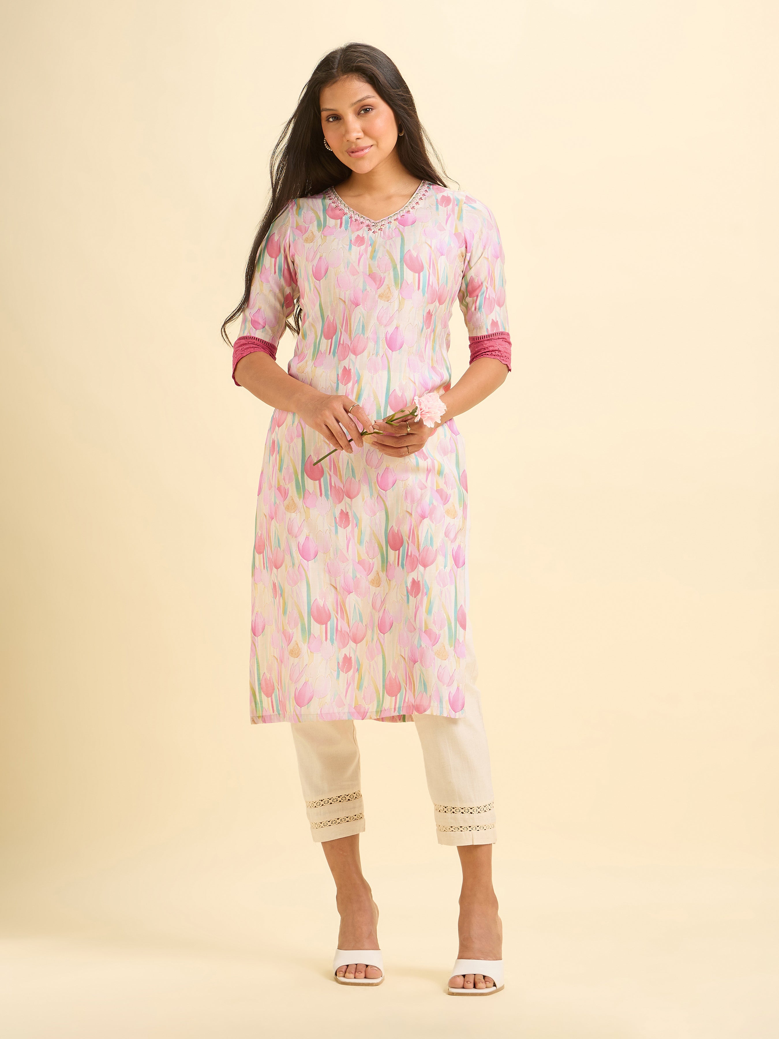 Multi Colour Modal Chanderi Printed Slited Kurti With Embroidery And Lace