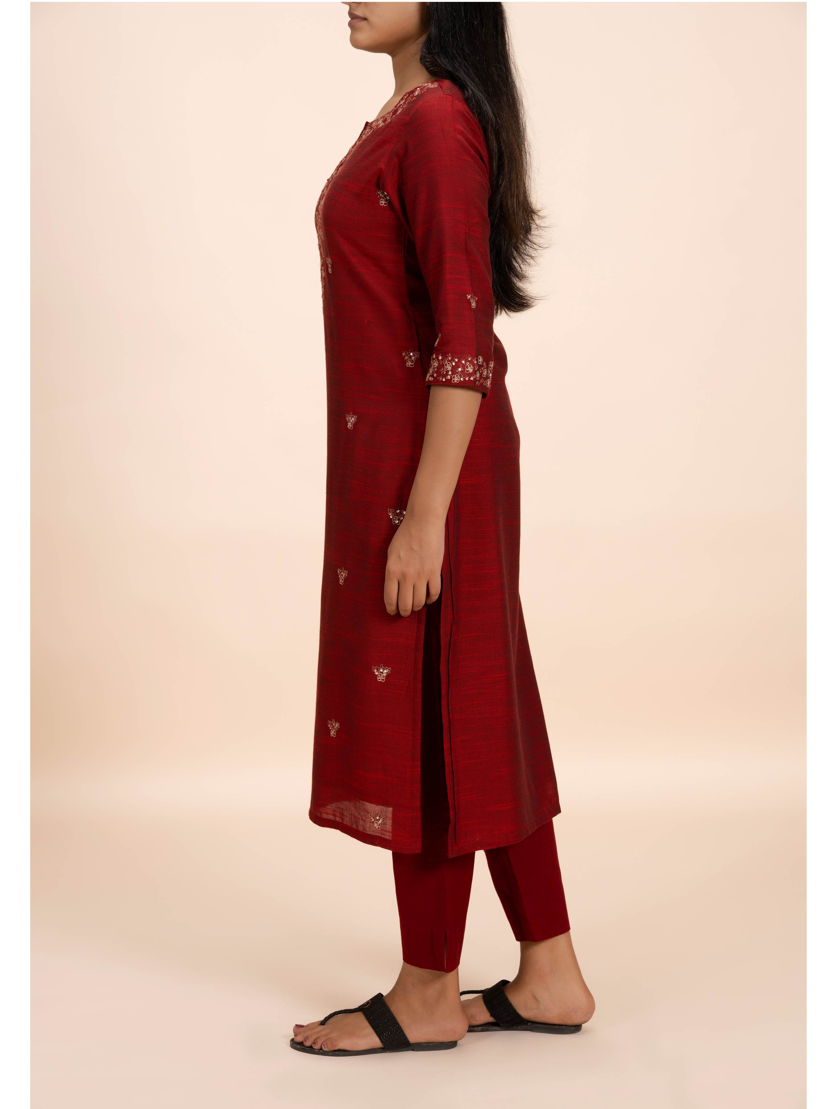 Red Cotton Viscose Kurti With Embroidery