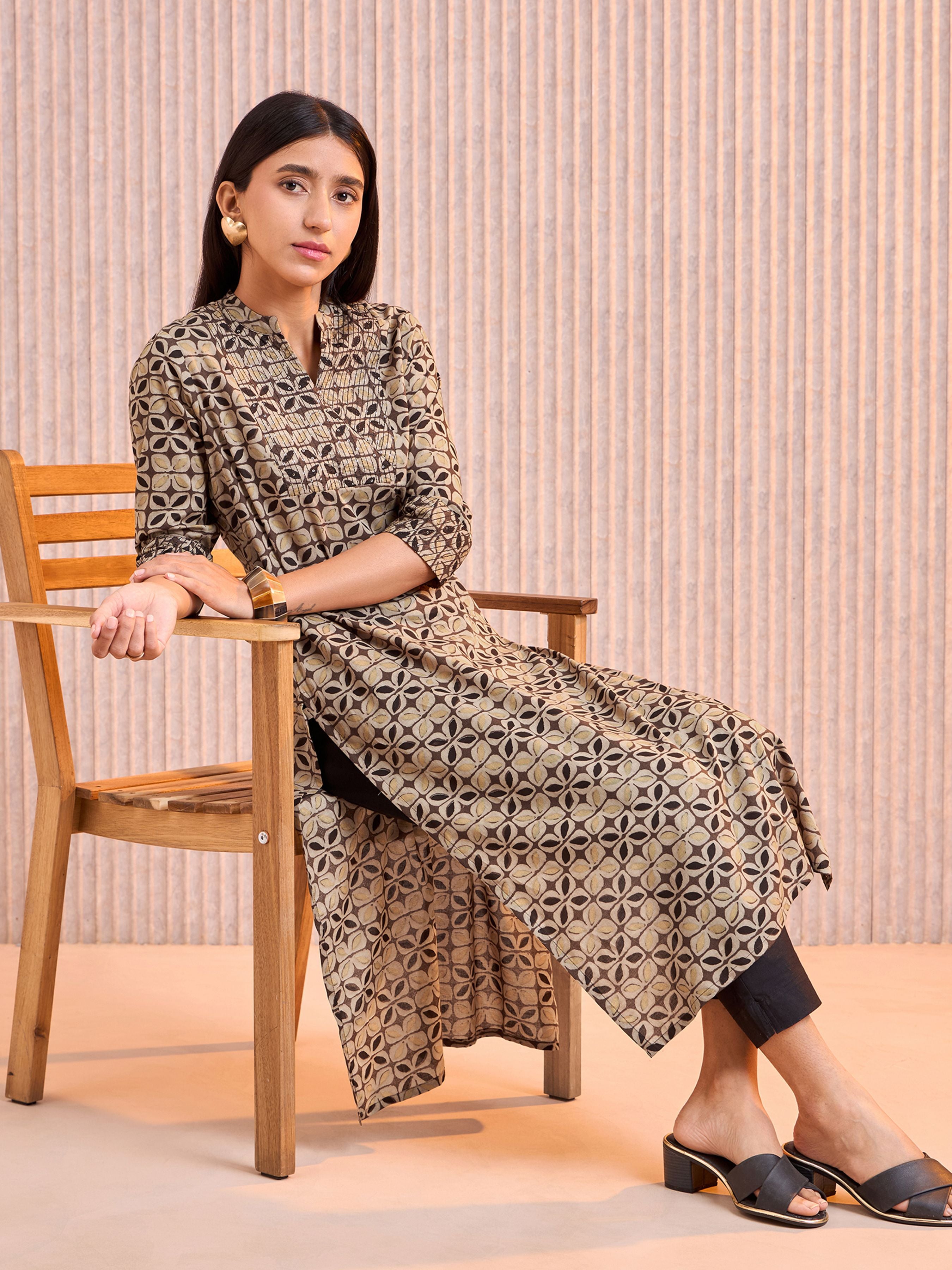 Coffee Brown Pure Cotton Printed Kurti With Sequins Embroidery Work
