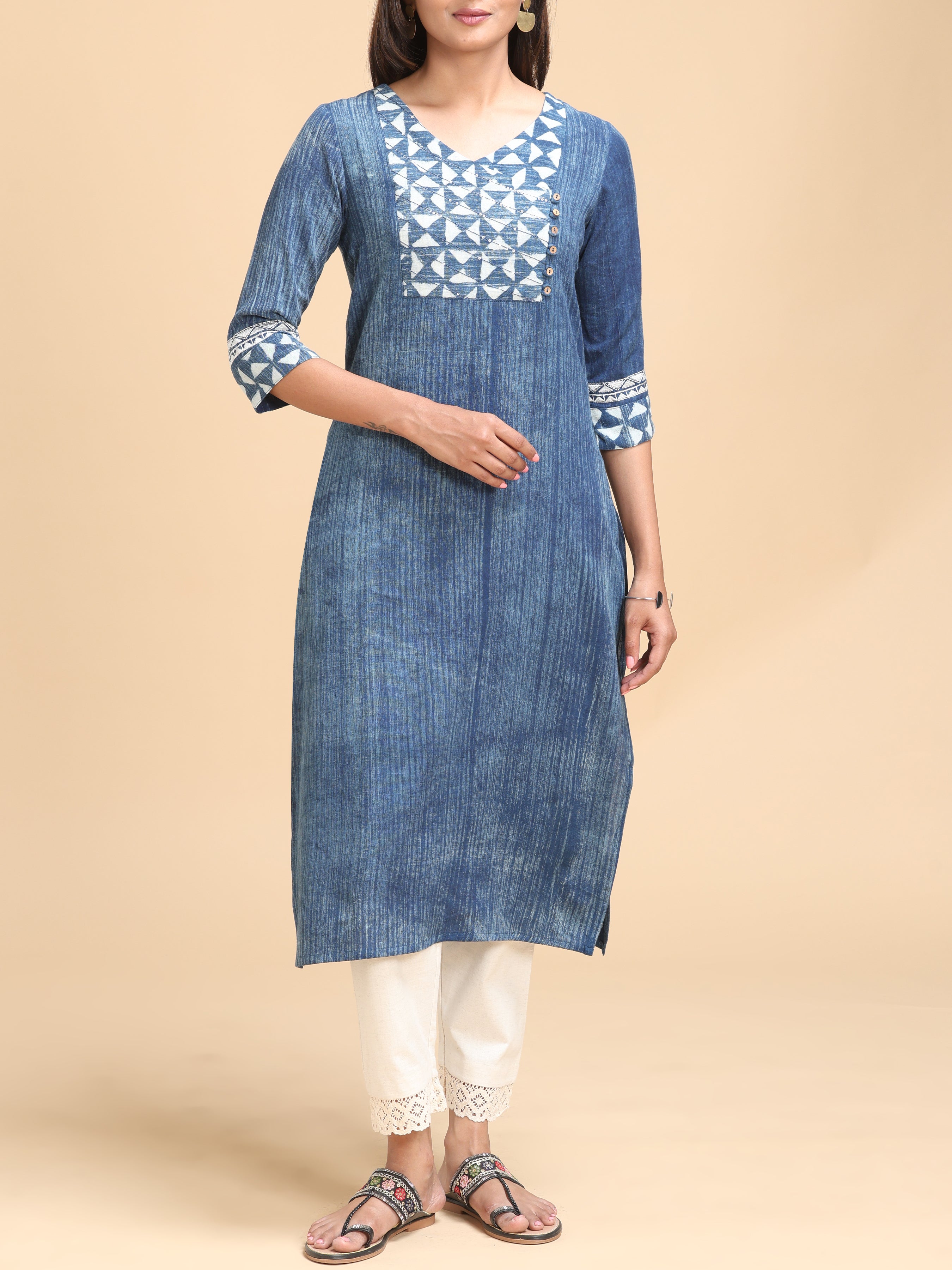 Blue Cotton Flax Kurti With Sequins Work