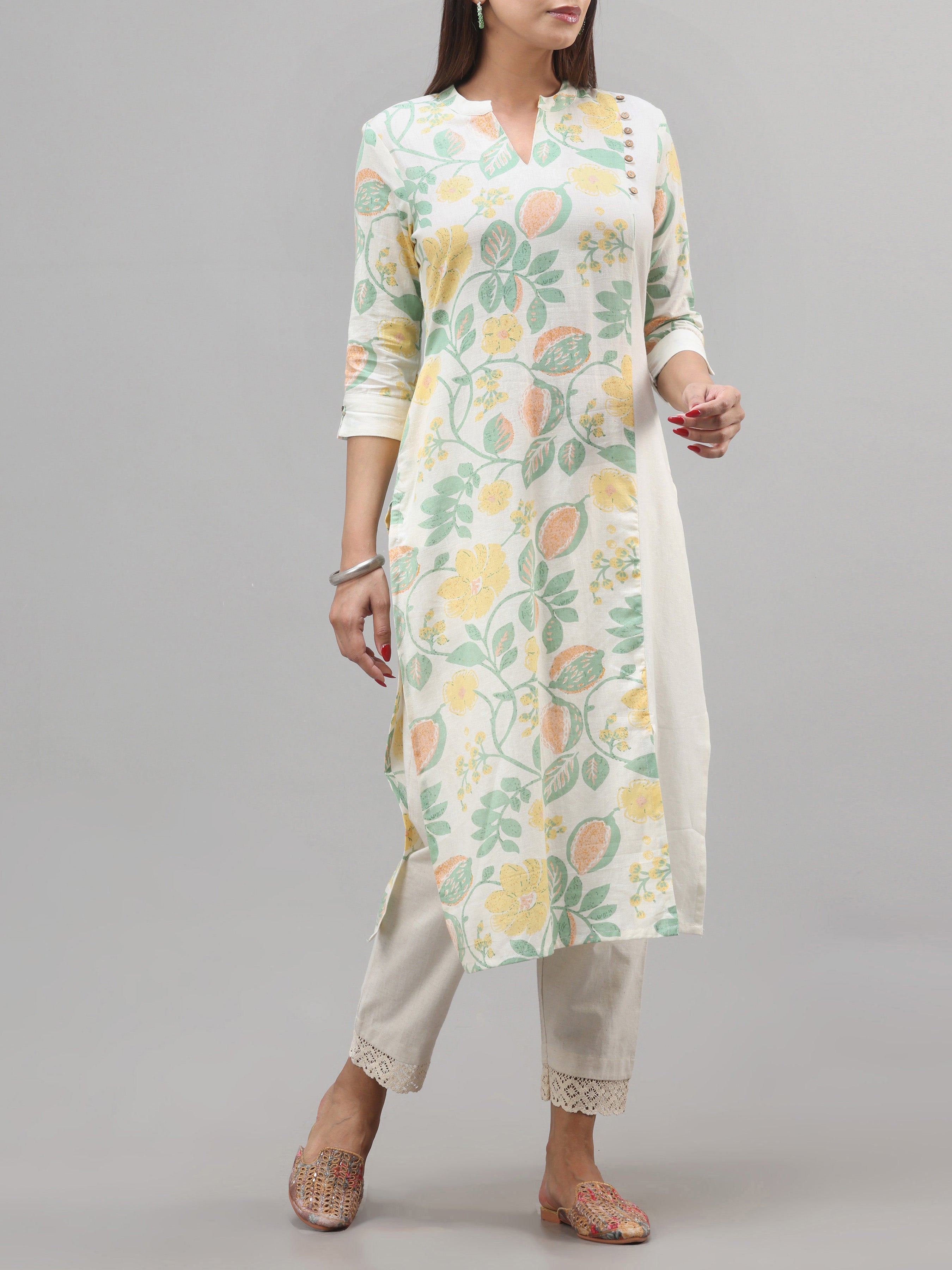 Multi Colour Cotton Flax Kurti With Print