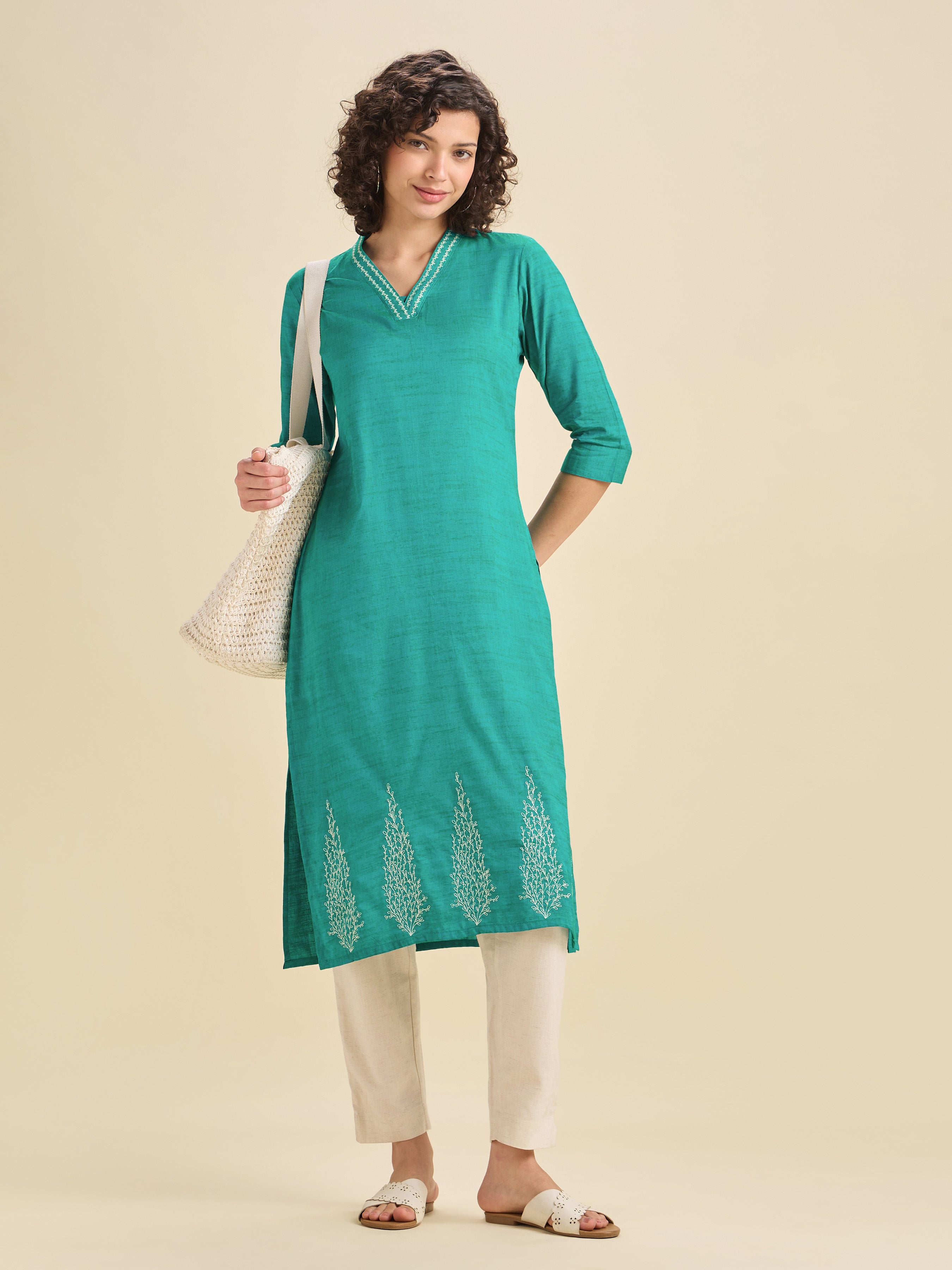Aqua Green Cotton Viscose Kurti With Embroidery