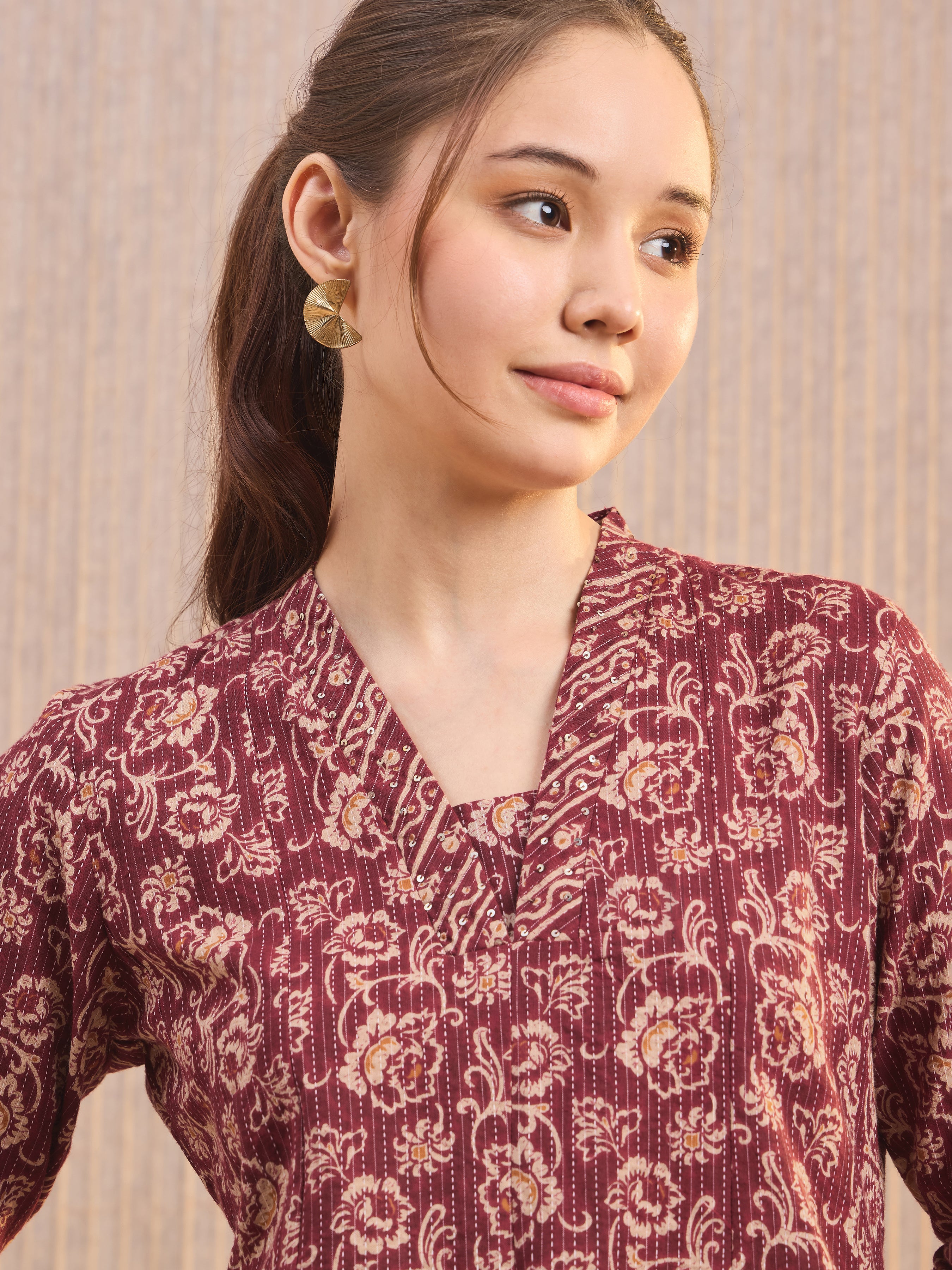 Maroon Pure Cotton Katha Printed Kali Cut Kurti With Sequins Work