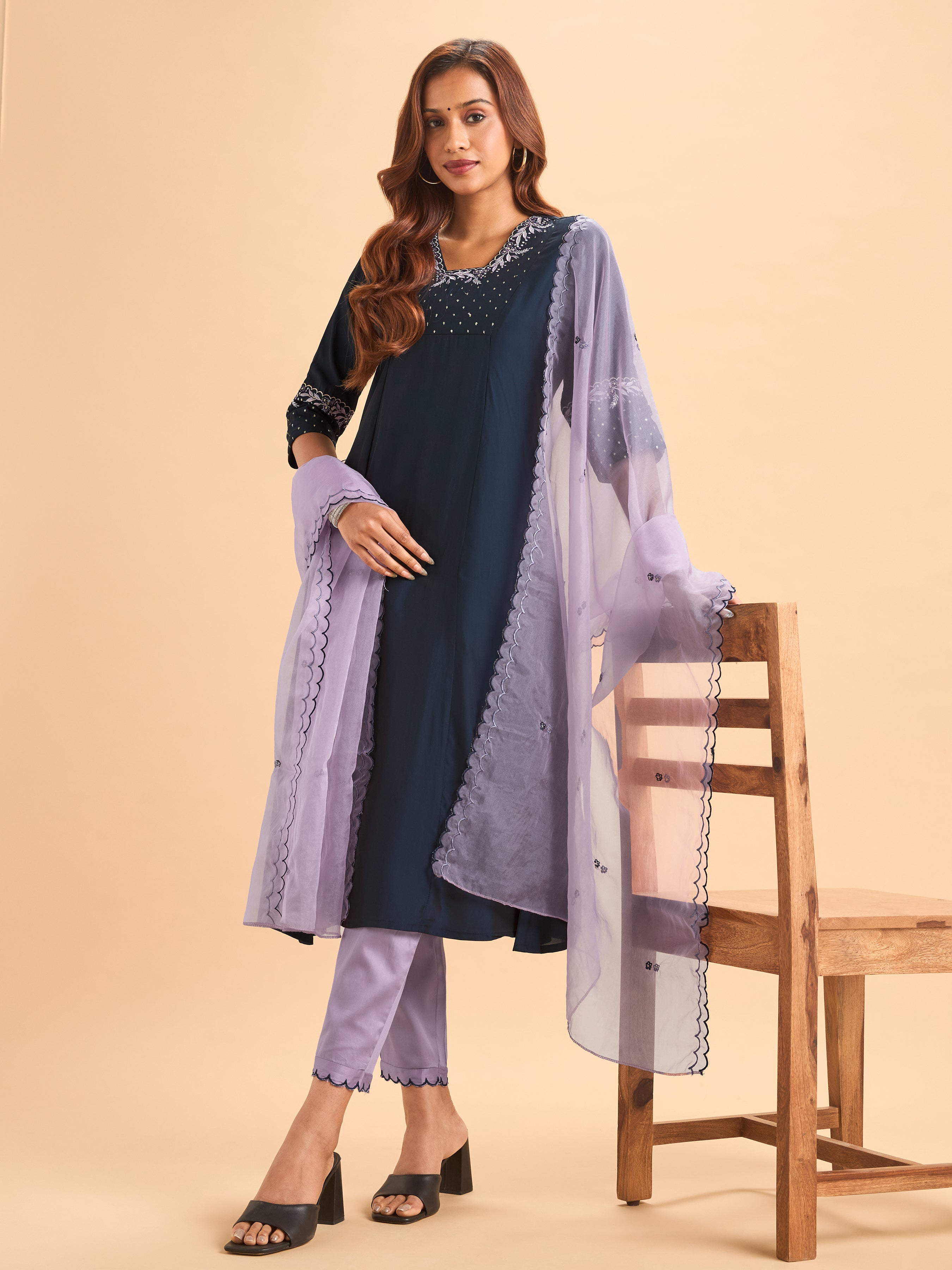 Navy Blue Viscose Blend Kurti Set With Dupatta & Sequins Embroidery