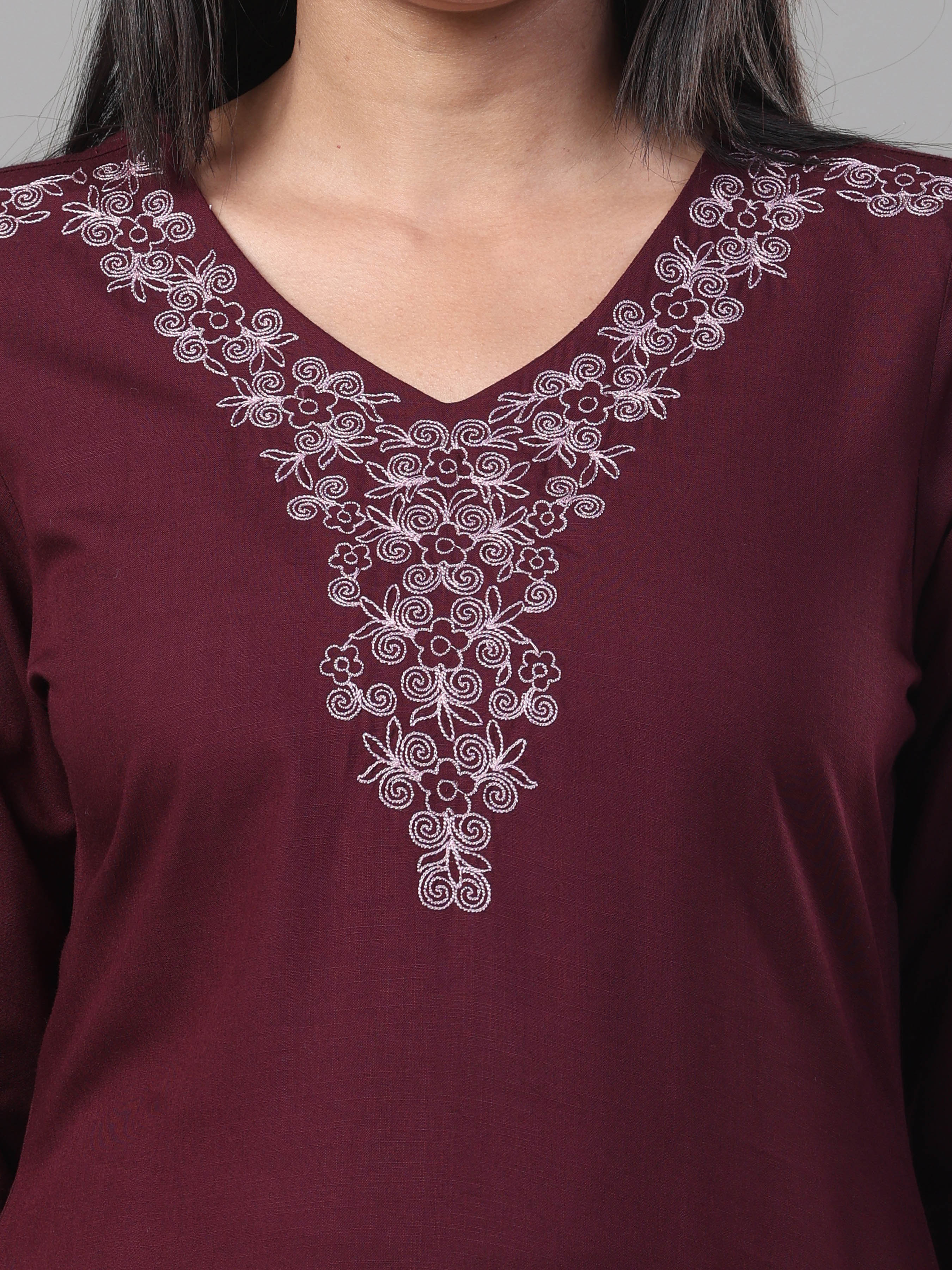 Women Wearing Wine Red Viscose Slub Kurti With Embroidery