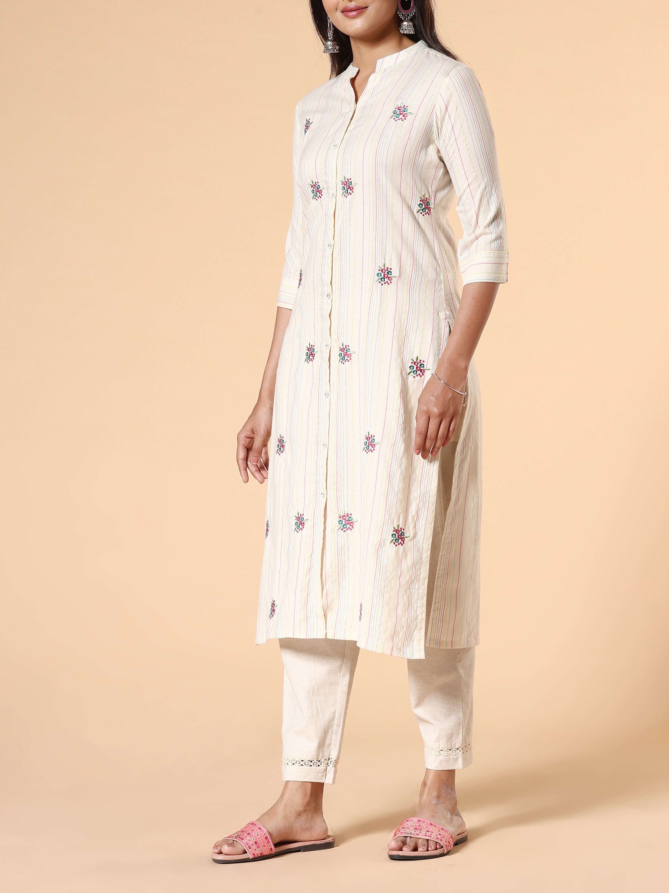 Ivory Cotton Striped Kurti With Embroidery