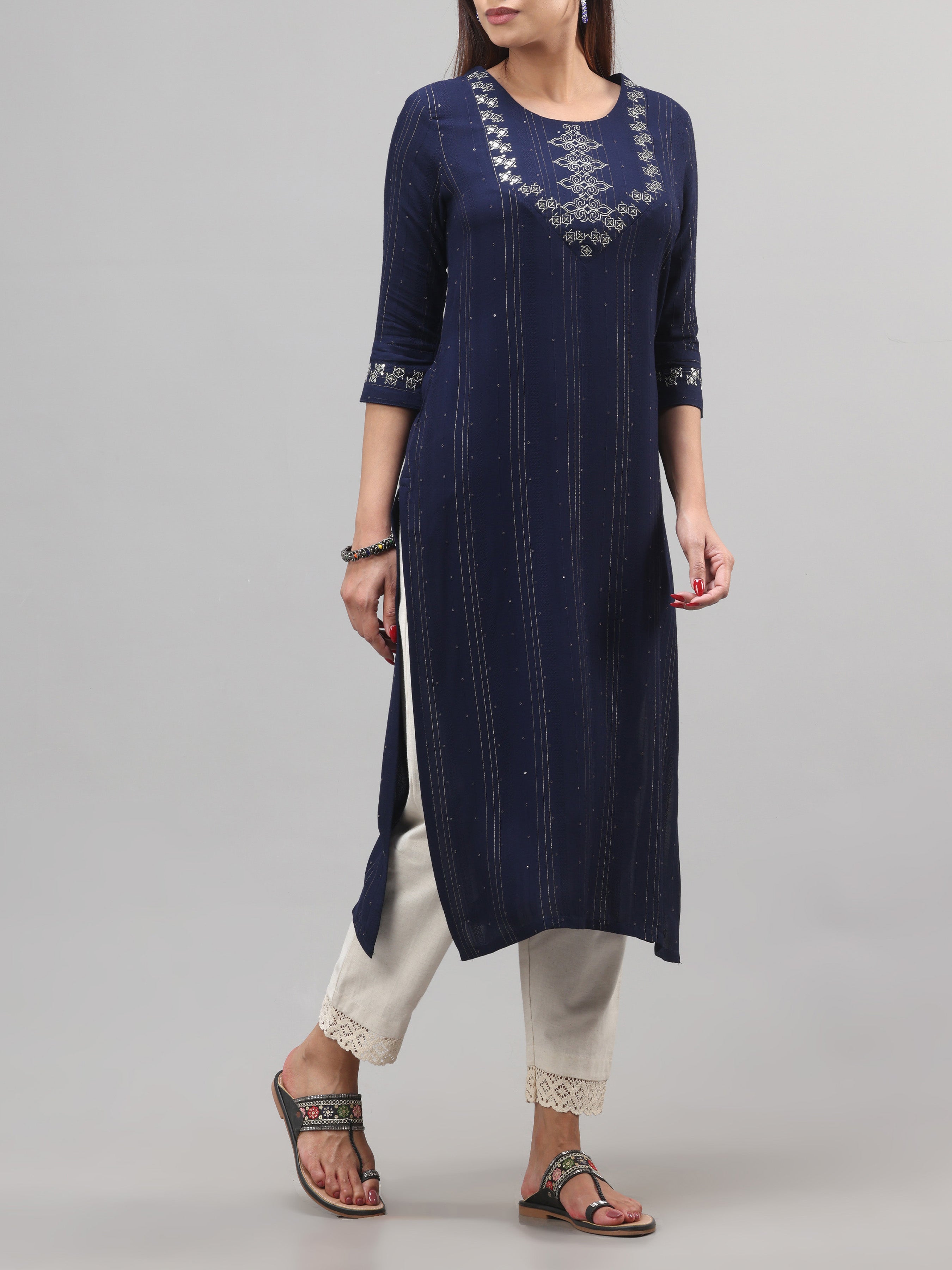 Navy Blue Viscose Kurti With Embroidery And Sequins Work