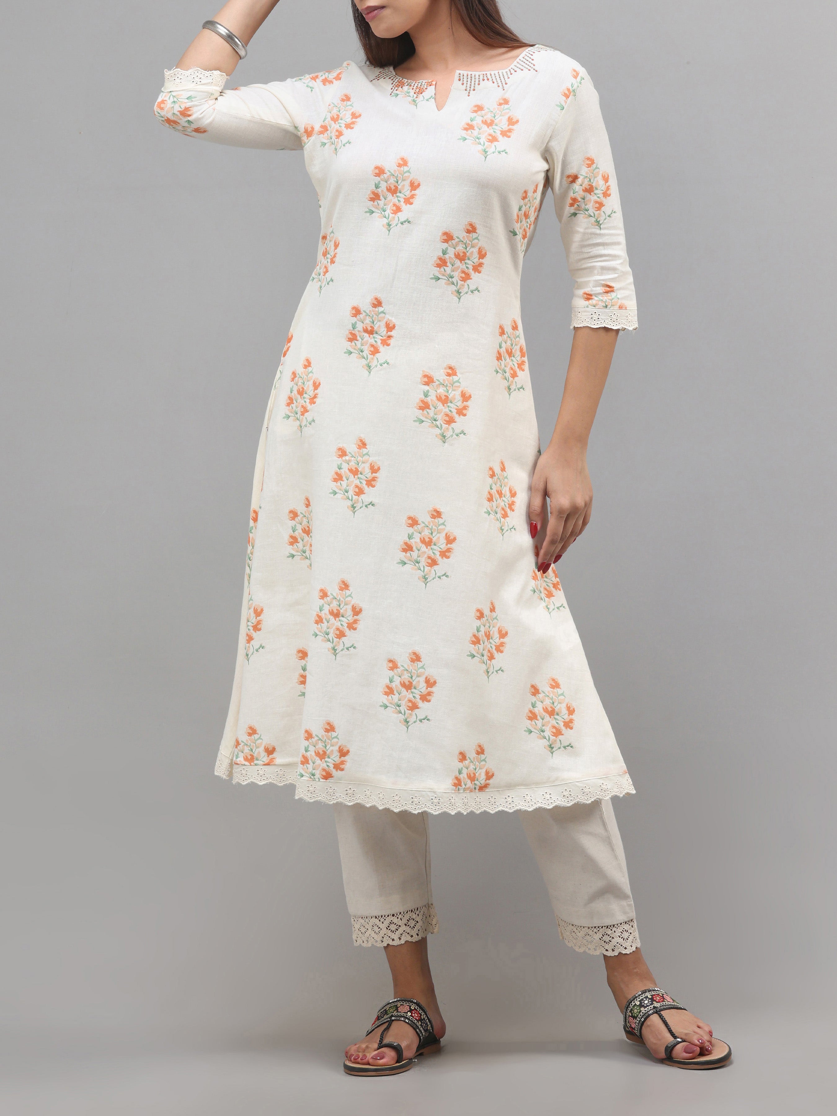 Ivory Colour Cotton Flax Printed Kurti With Embroidery