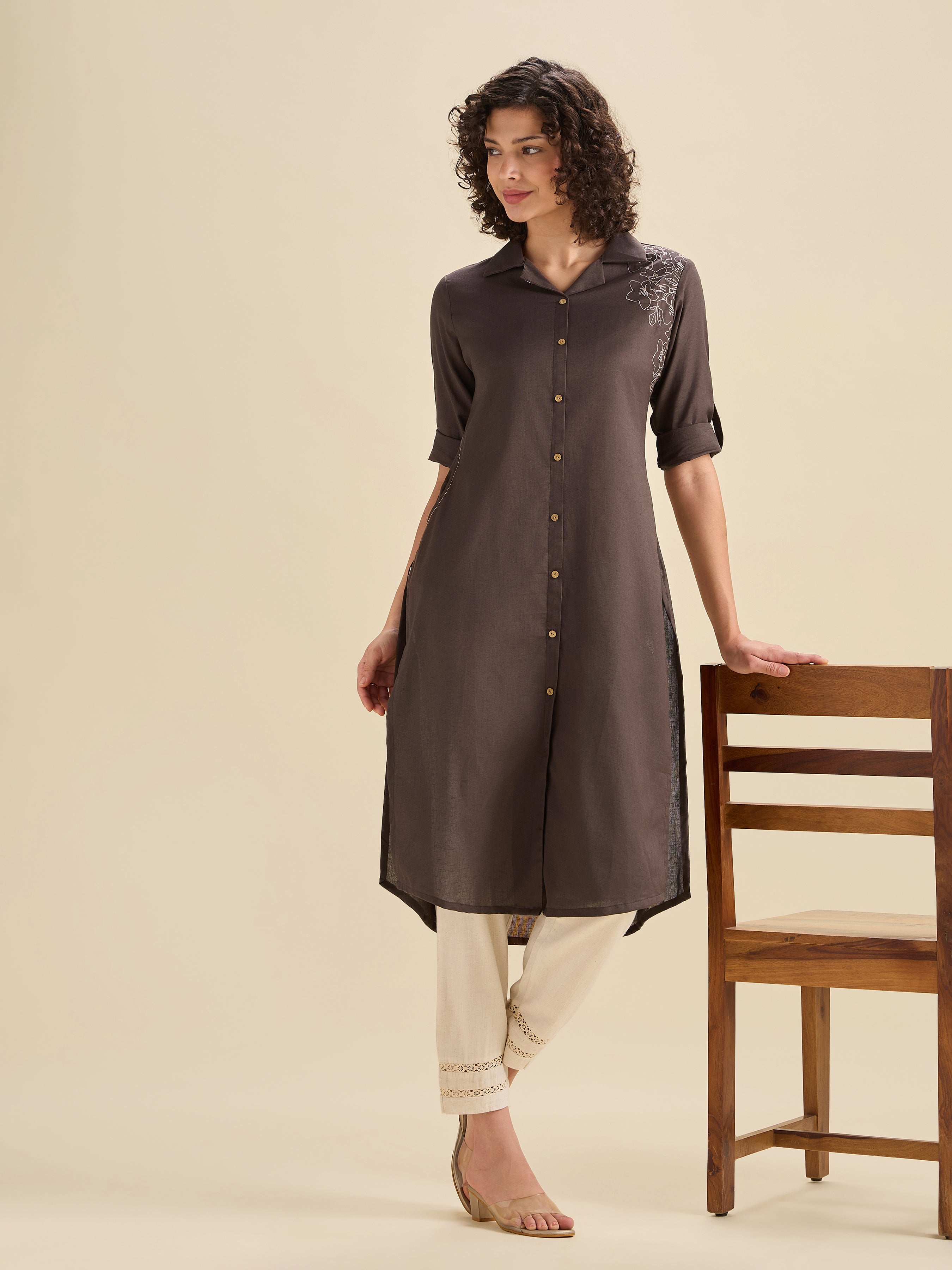 Coffee Brown Cotton Flax Slited Kurti With Embroidery