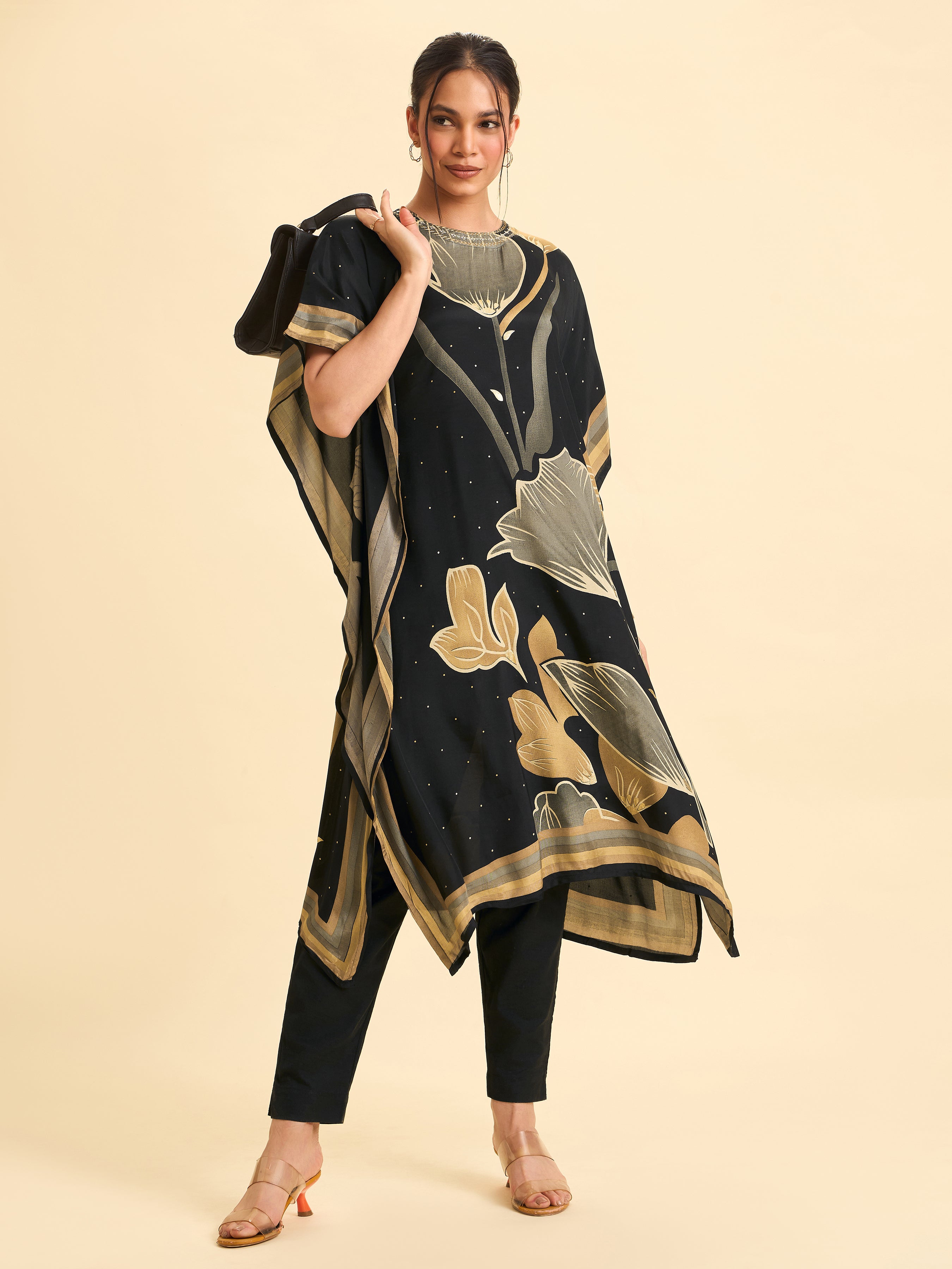 Black Modal Satin Printed Kaftan Kurti With Sequins Embroidery