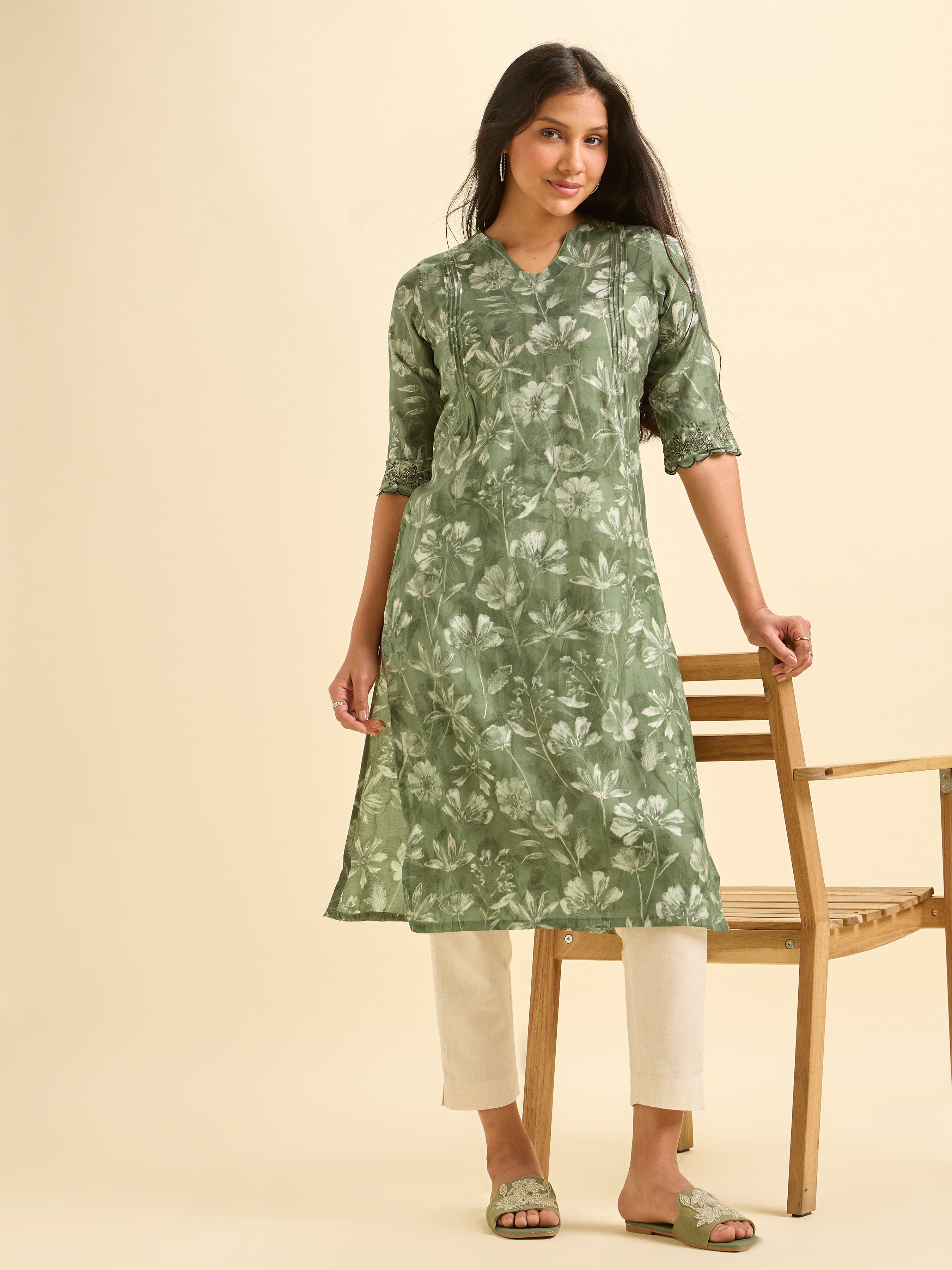 Olive Green And Ivory Modal Chanderi Printed Slited Kurti With Pintucks And Embroidery And Sequins Work