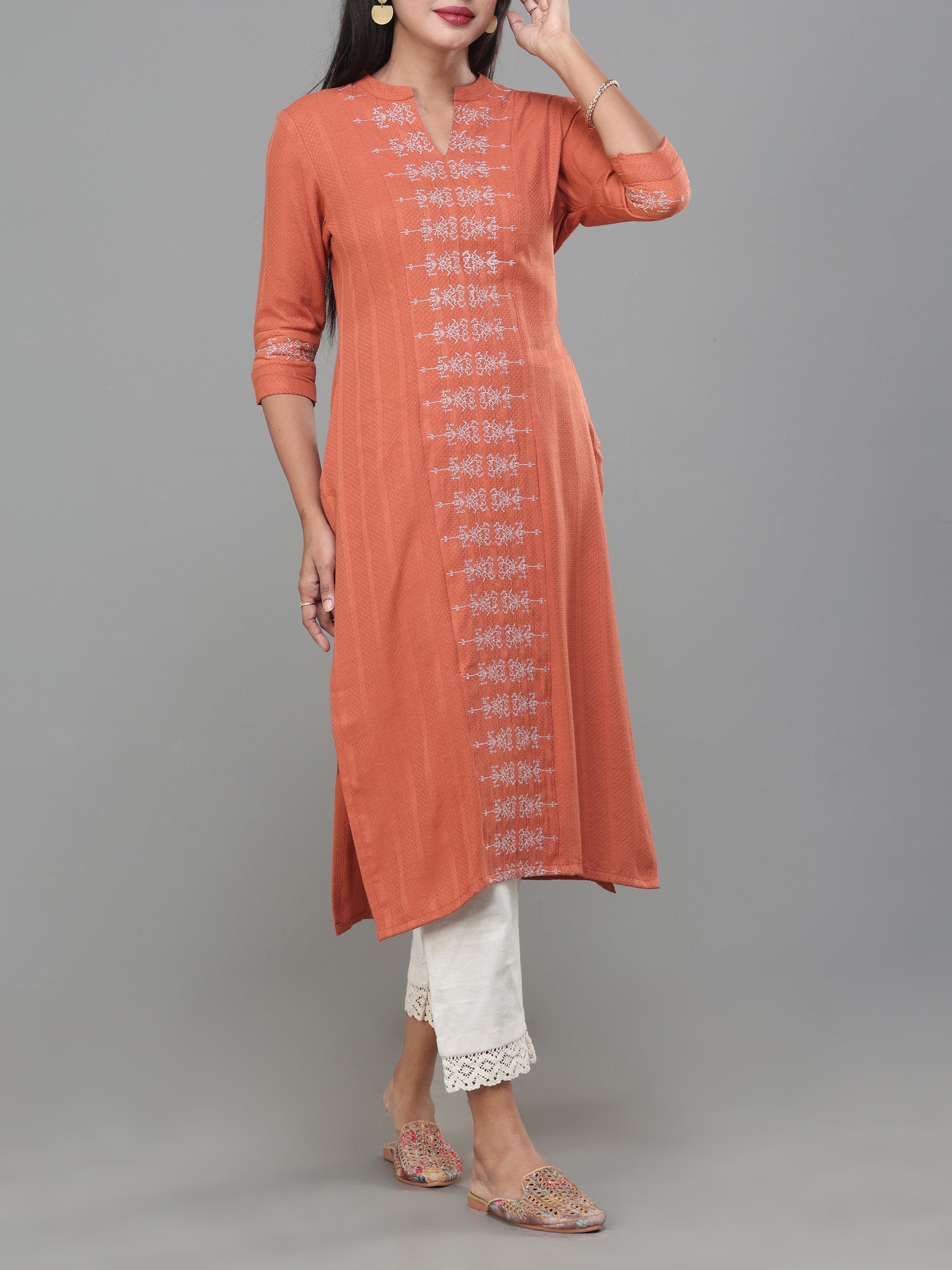 Rust Orange Viscos Jaquard Kurti With Embroidery
