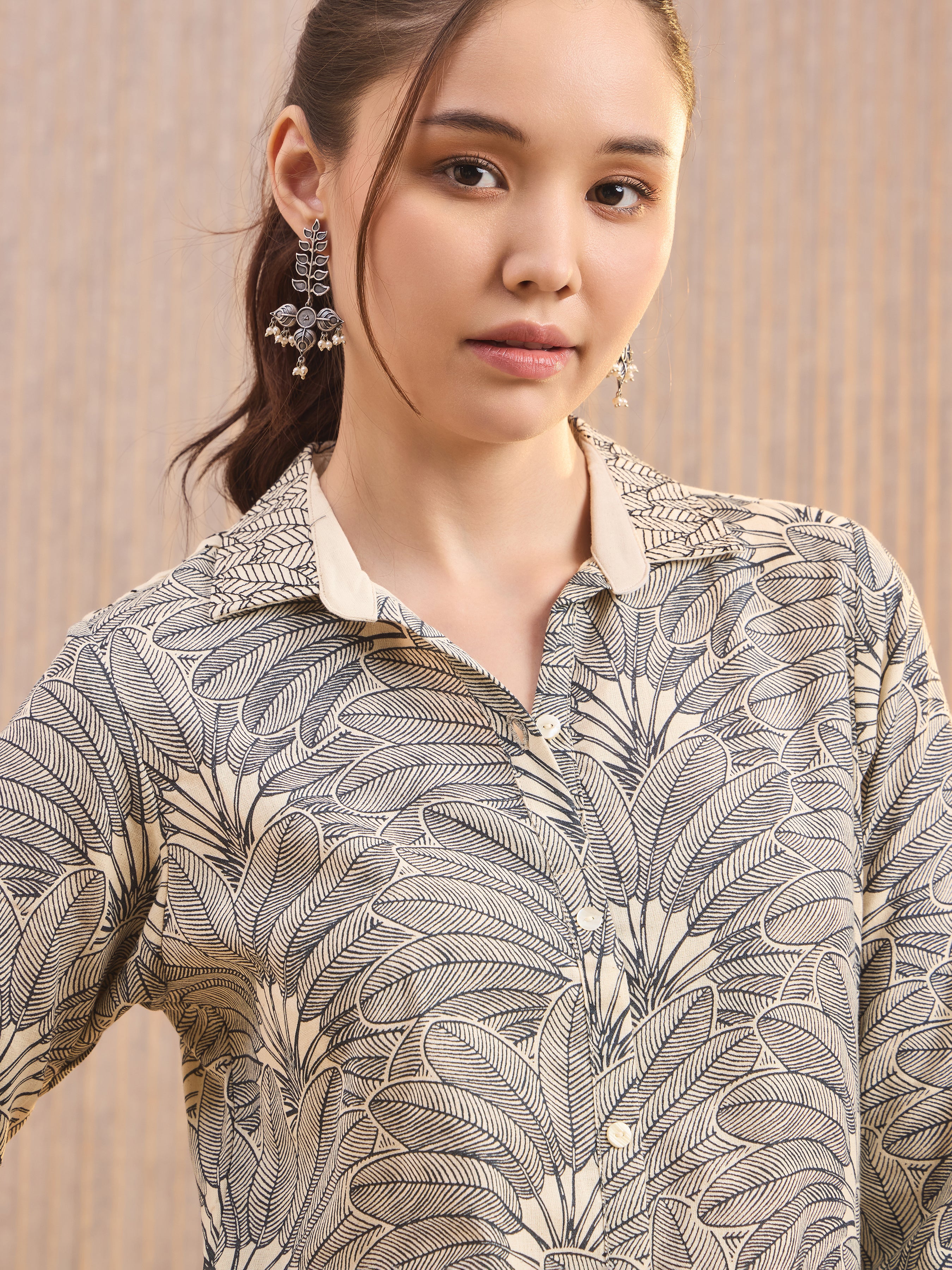 Ivory Cotton Flax Printed Kurti With Sequins Embroidery
