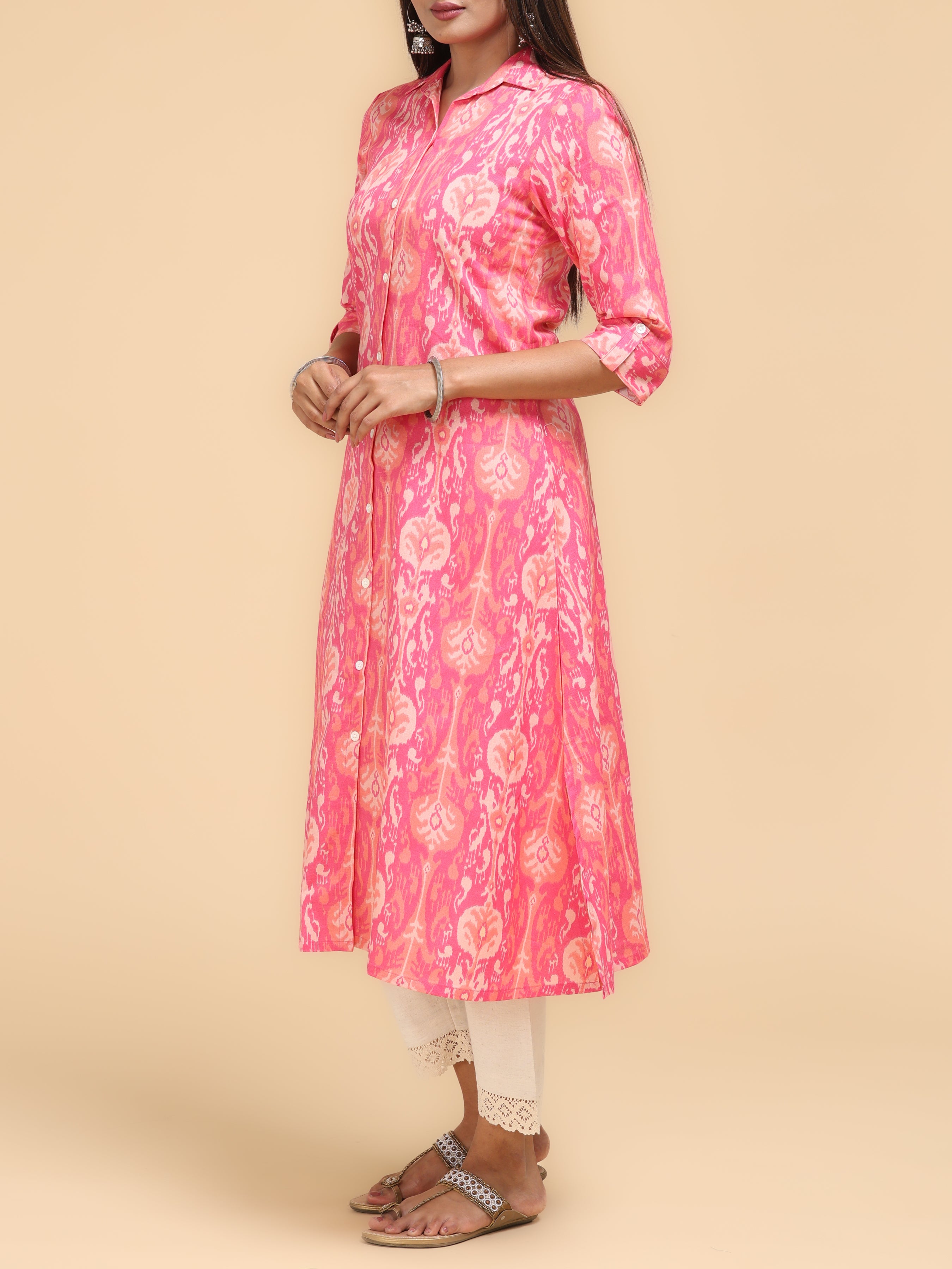 Pink Cotton Flax Printed Kurti