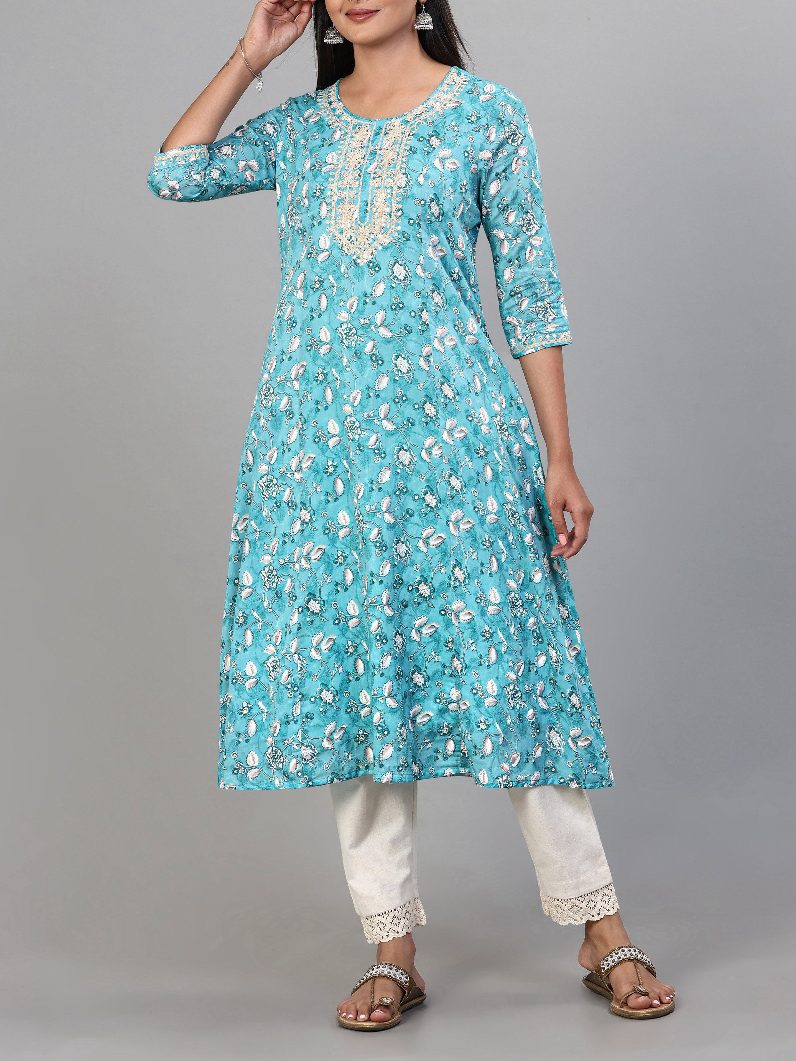 Aqua Blue Pure Cotton Printed Kurti With Embroidery