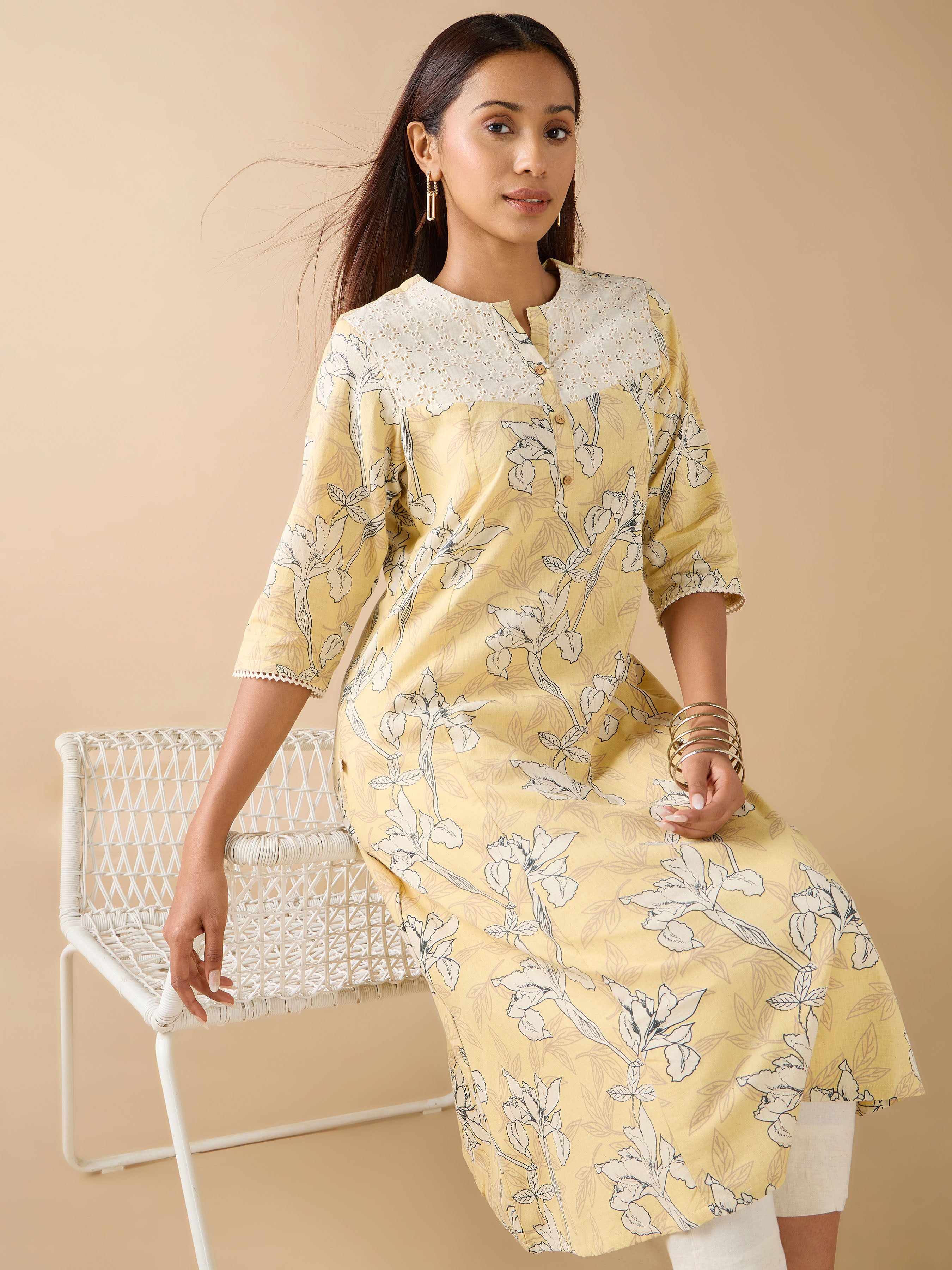 Multi Color Cotton Flax Printed Kurti With Embroidery