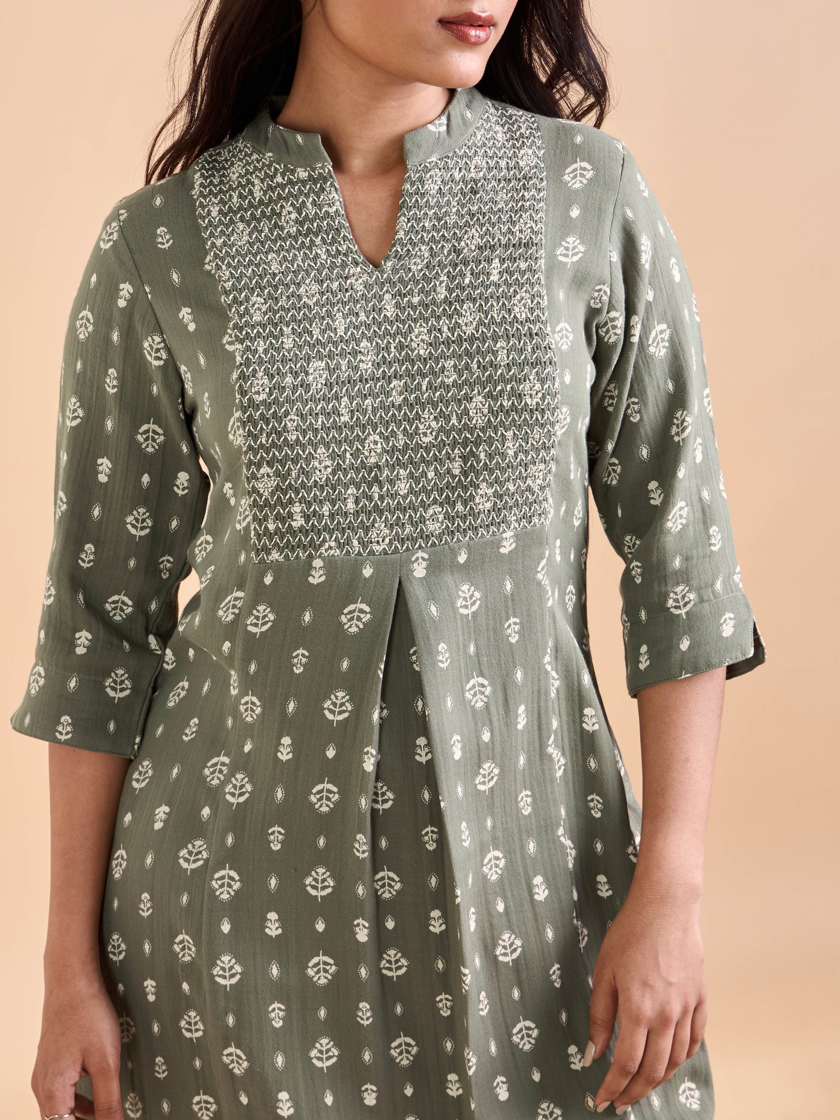 Olive Green Pure Cotton Double Cloth Printed Kurti With Smocking