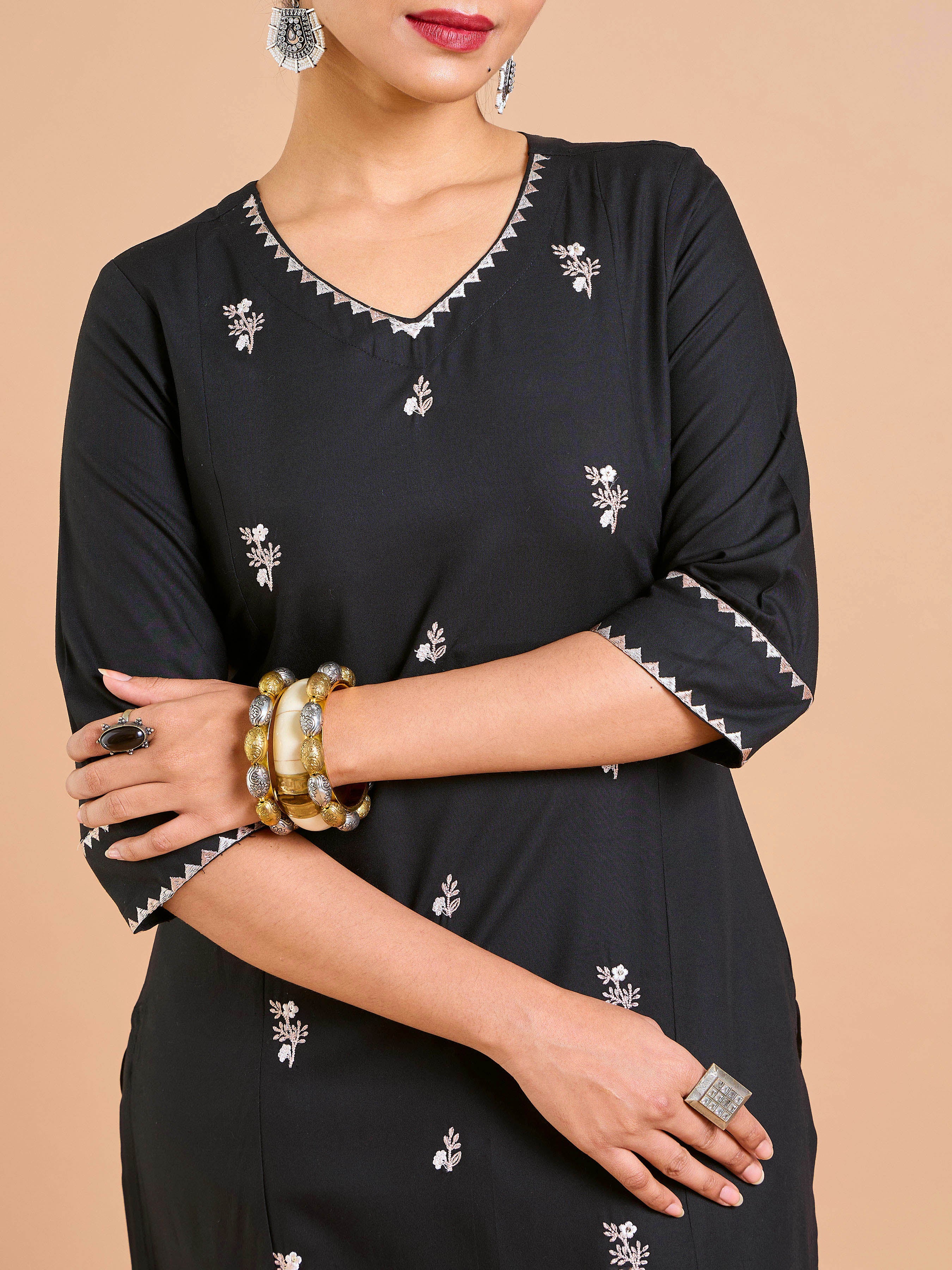 Black Viscose Plain Kurti With Embroidery And Sequins Work