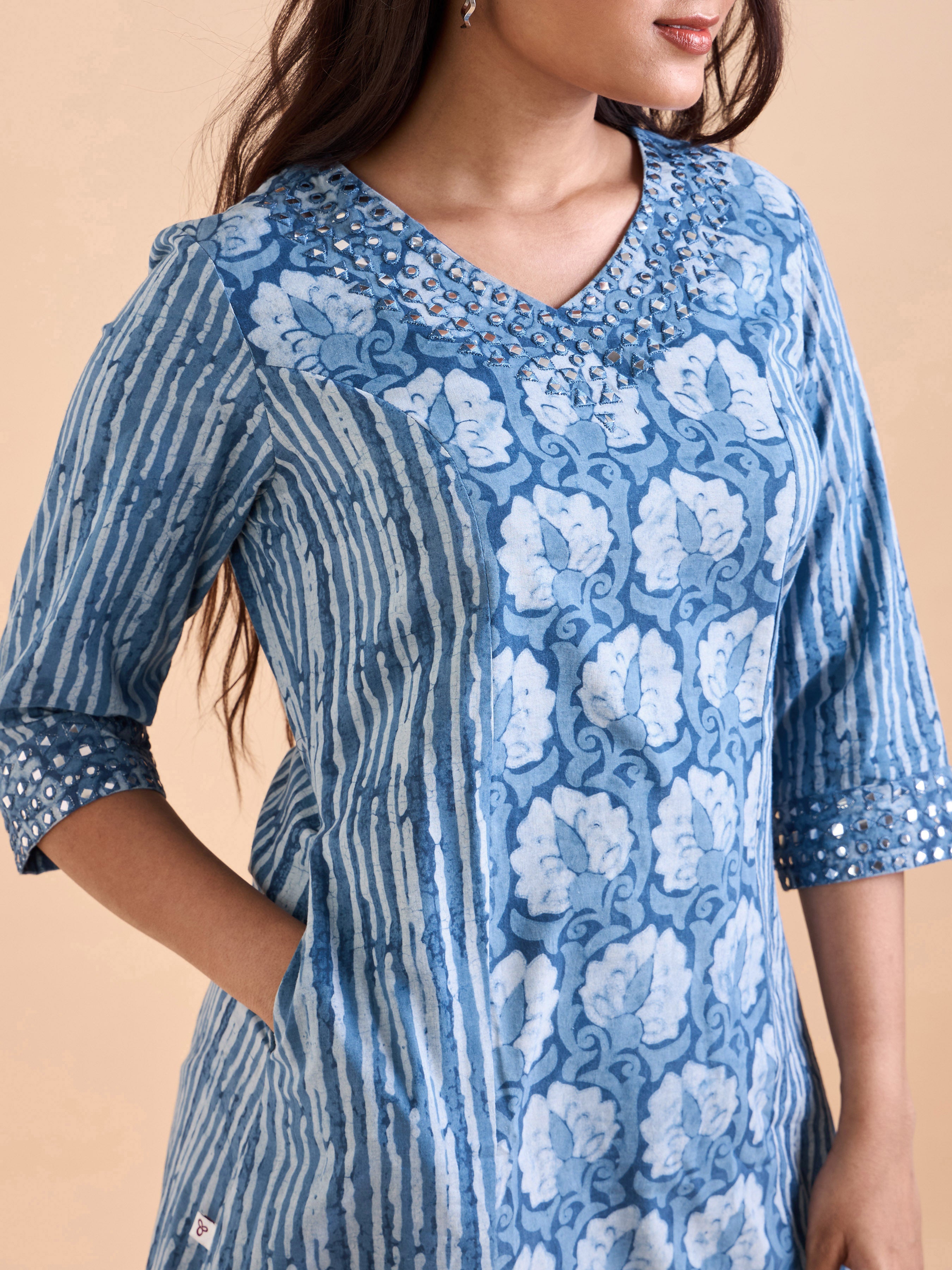 Blue Pure Cotton Printed Kurti With mirror Work