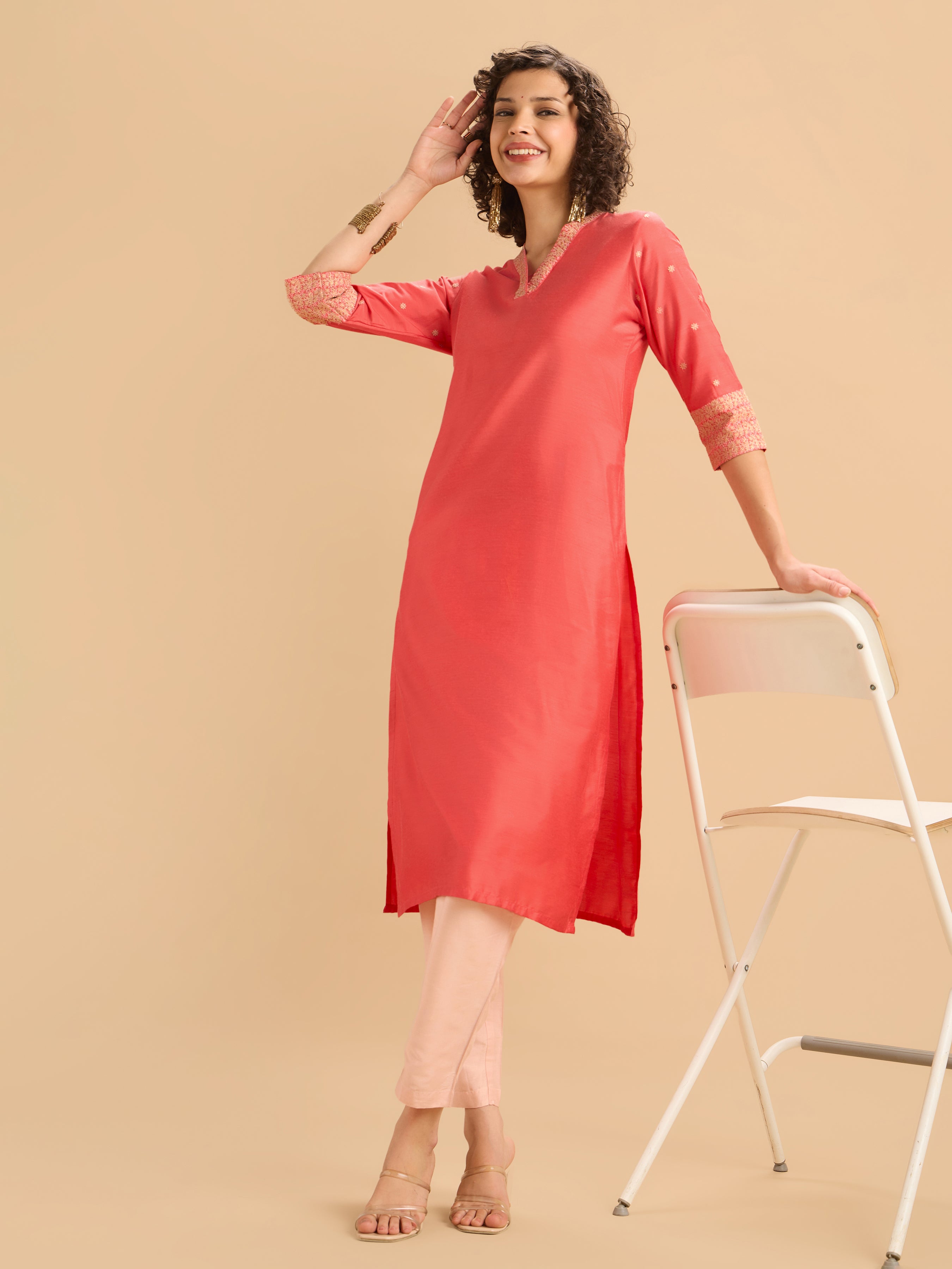 Orange Viscose Blend Plain Kurti Set With Embroidery