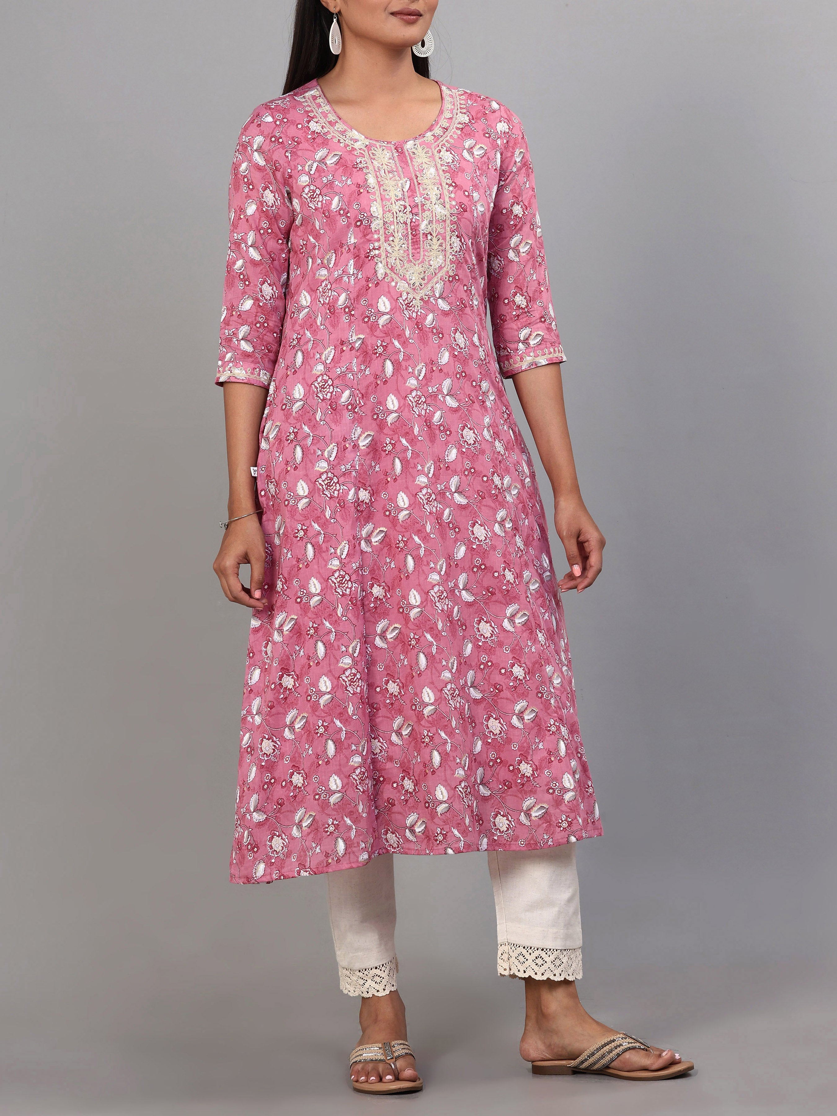 Onion Pink Pure Cotton Printed Kurti With Embroidery