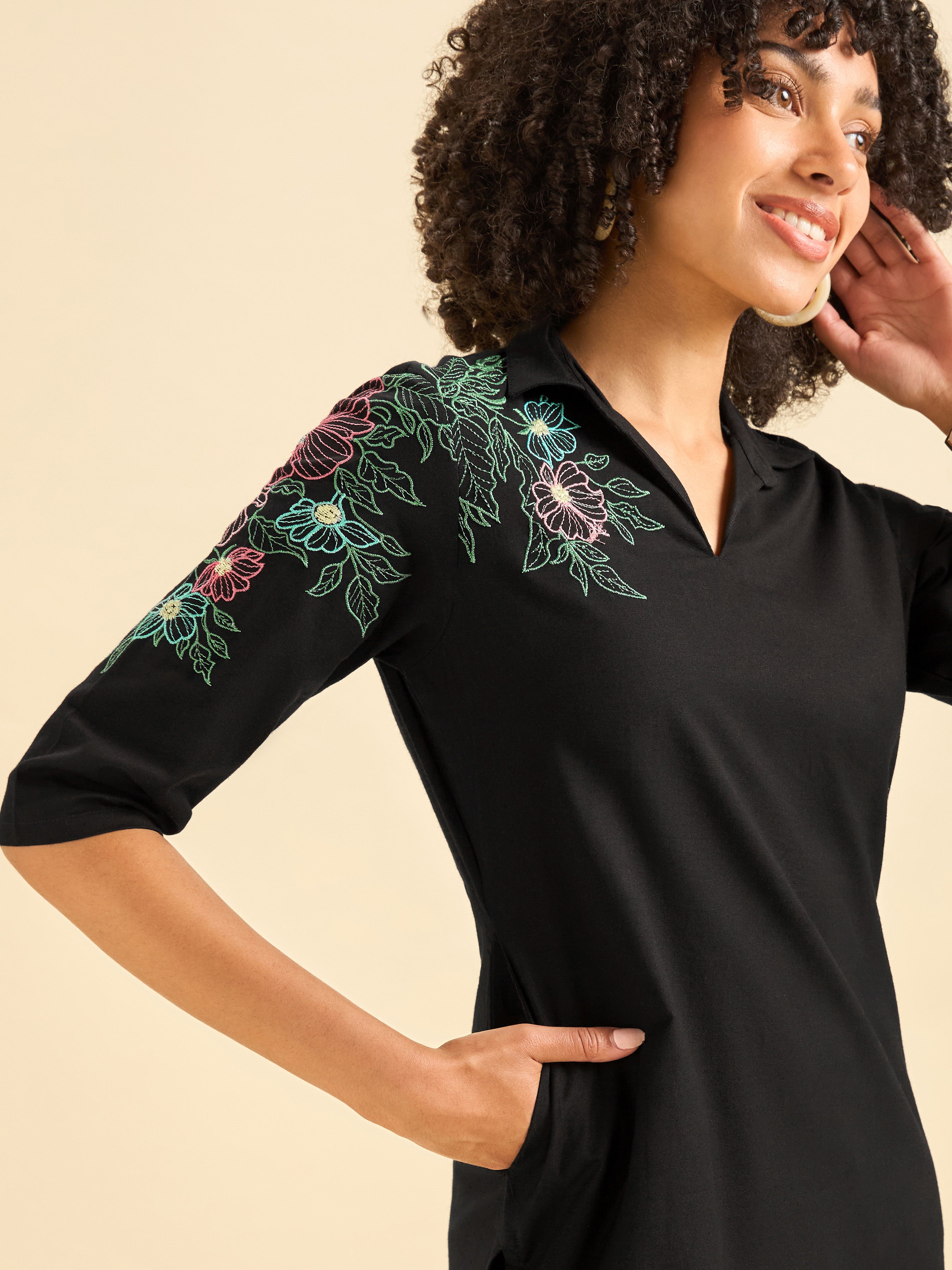 Black Cotton Flax Plain Slited Kurti With Embroidery