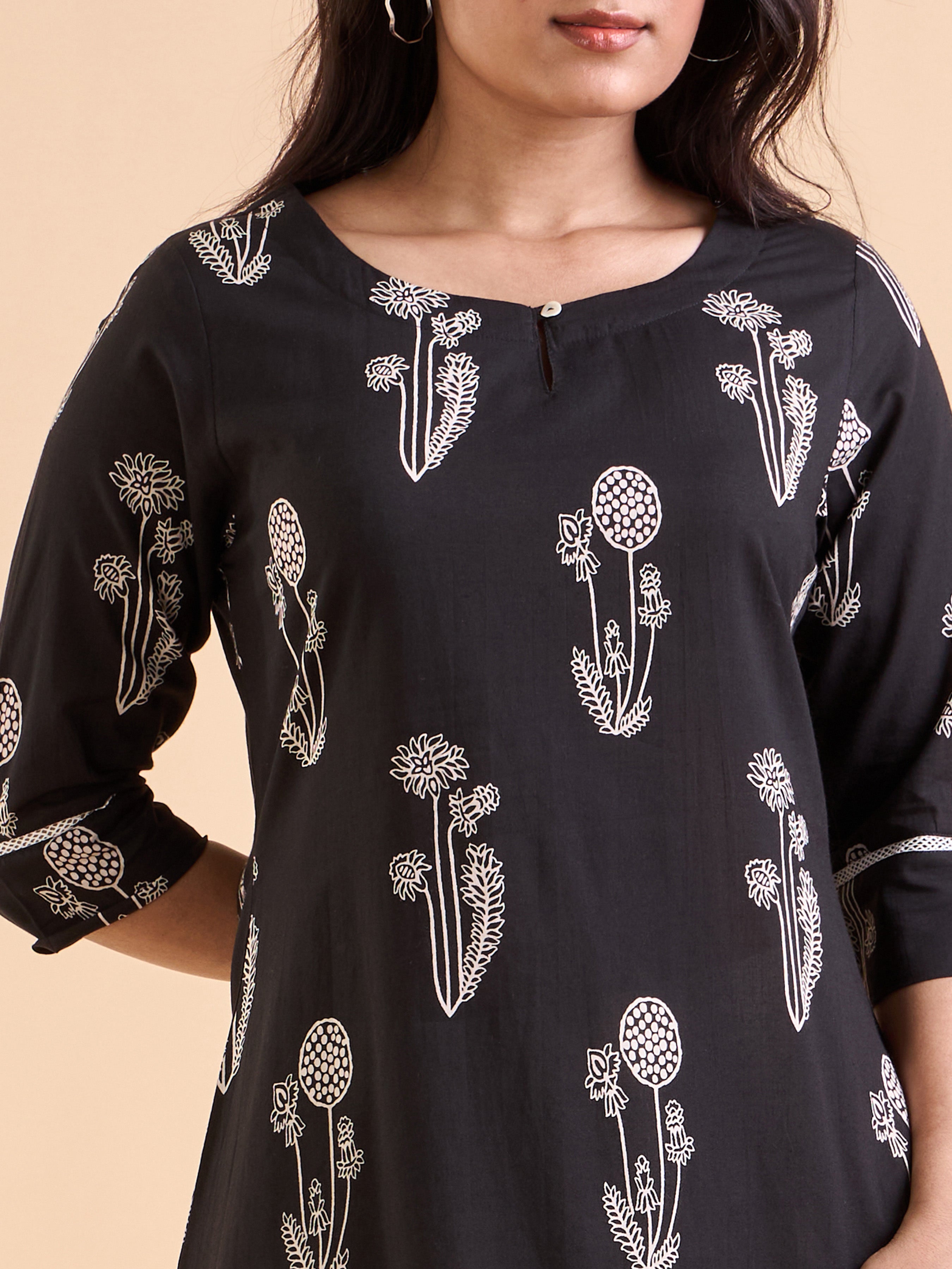 Black Pure Cotton Printed Kurti with Lace Detailing