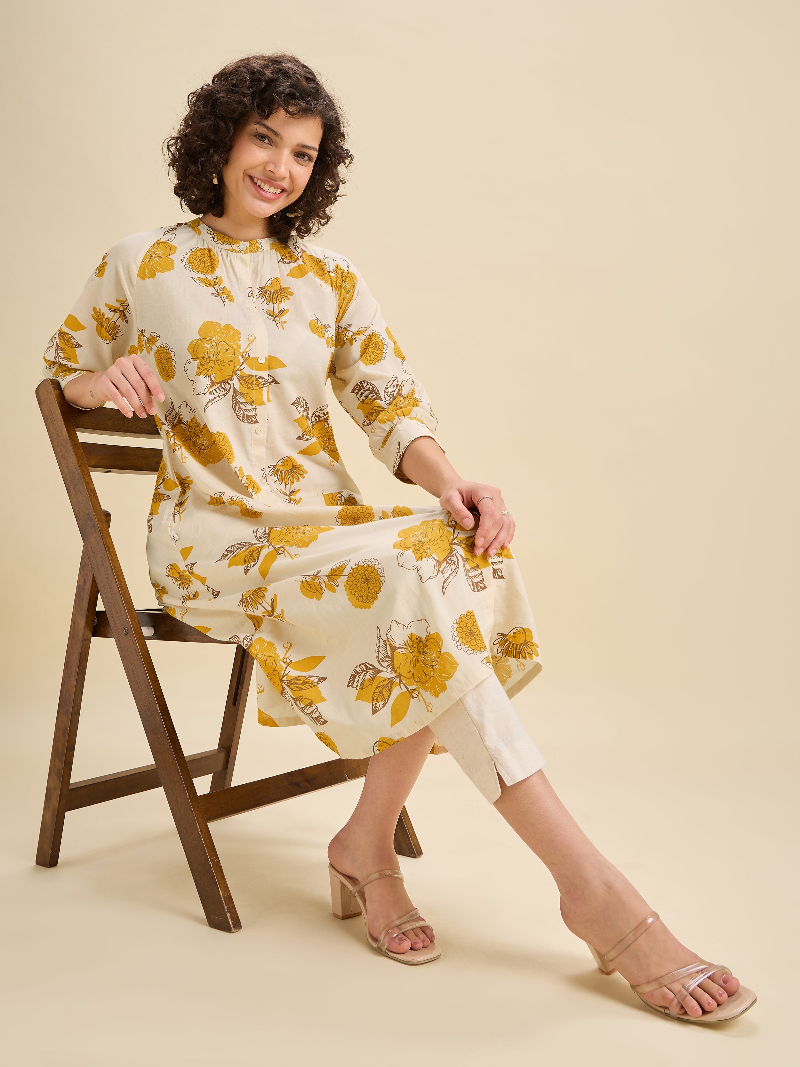 Ivory And Mustard Cotton Printed Kurti With Raglan Sleeve