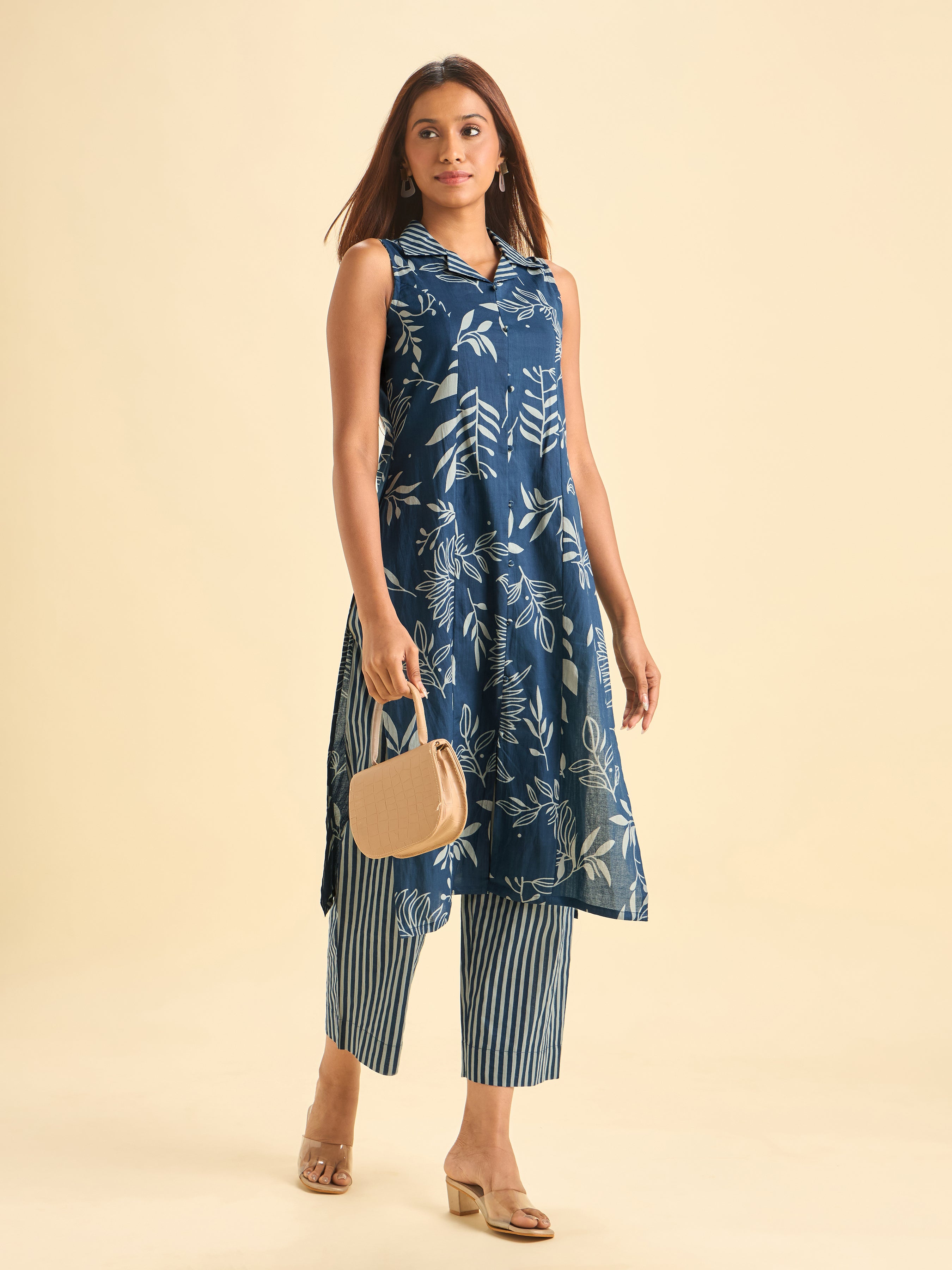 Denim Blue White Pure Cotton Printed Kurti Set With Smocking