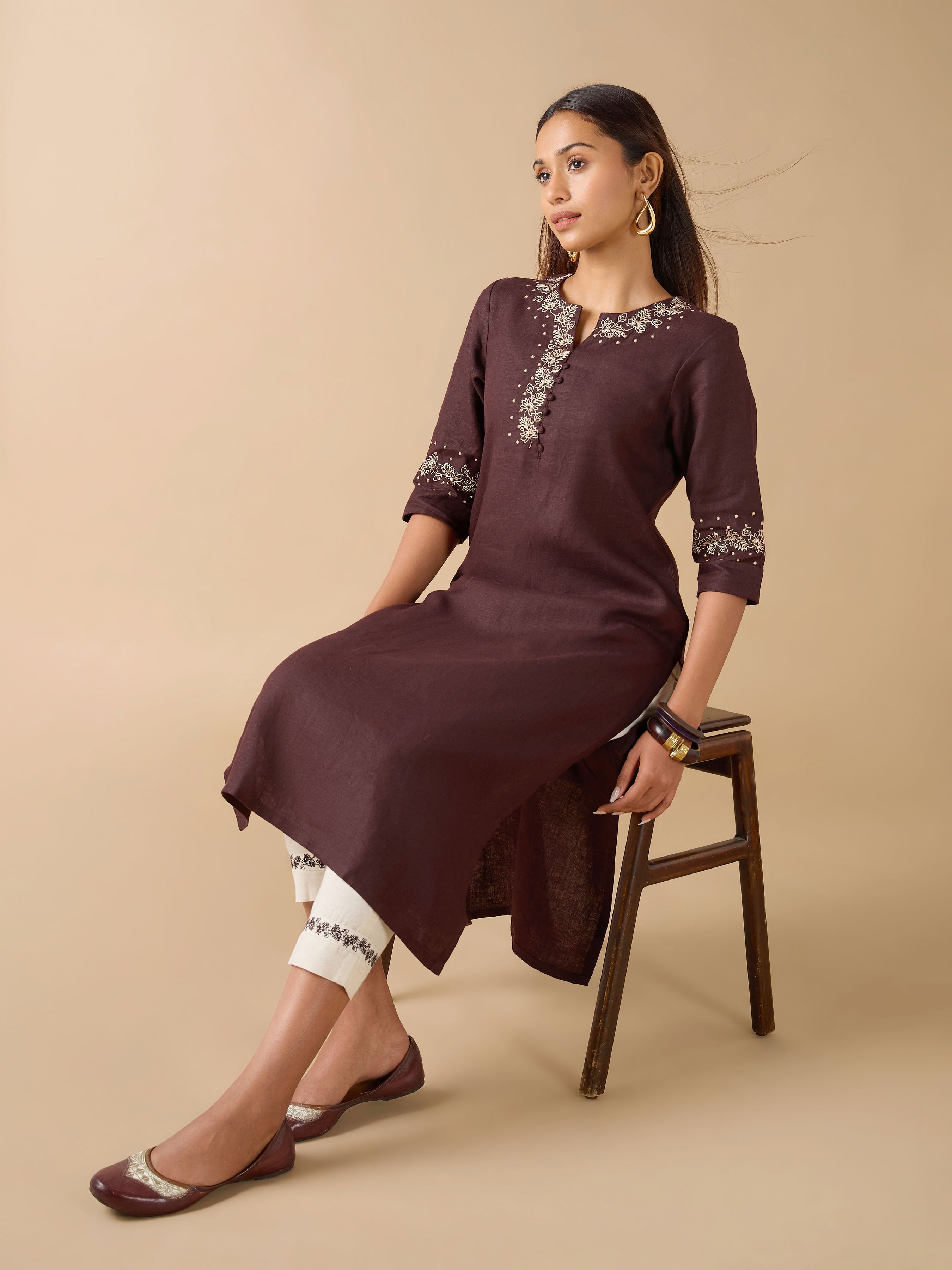 Women Wearing Coffee Brown Linen Plain Kurti with Embroidery And Matching Bottom