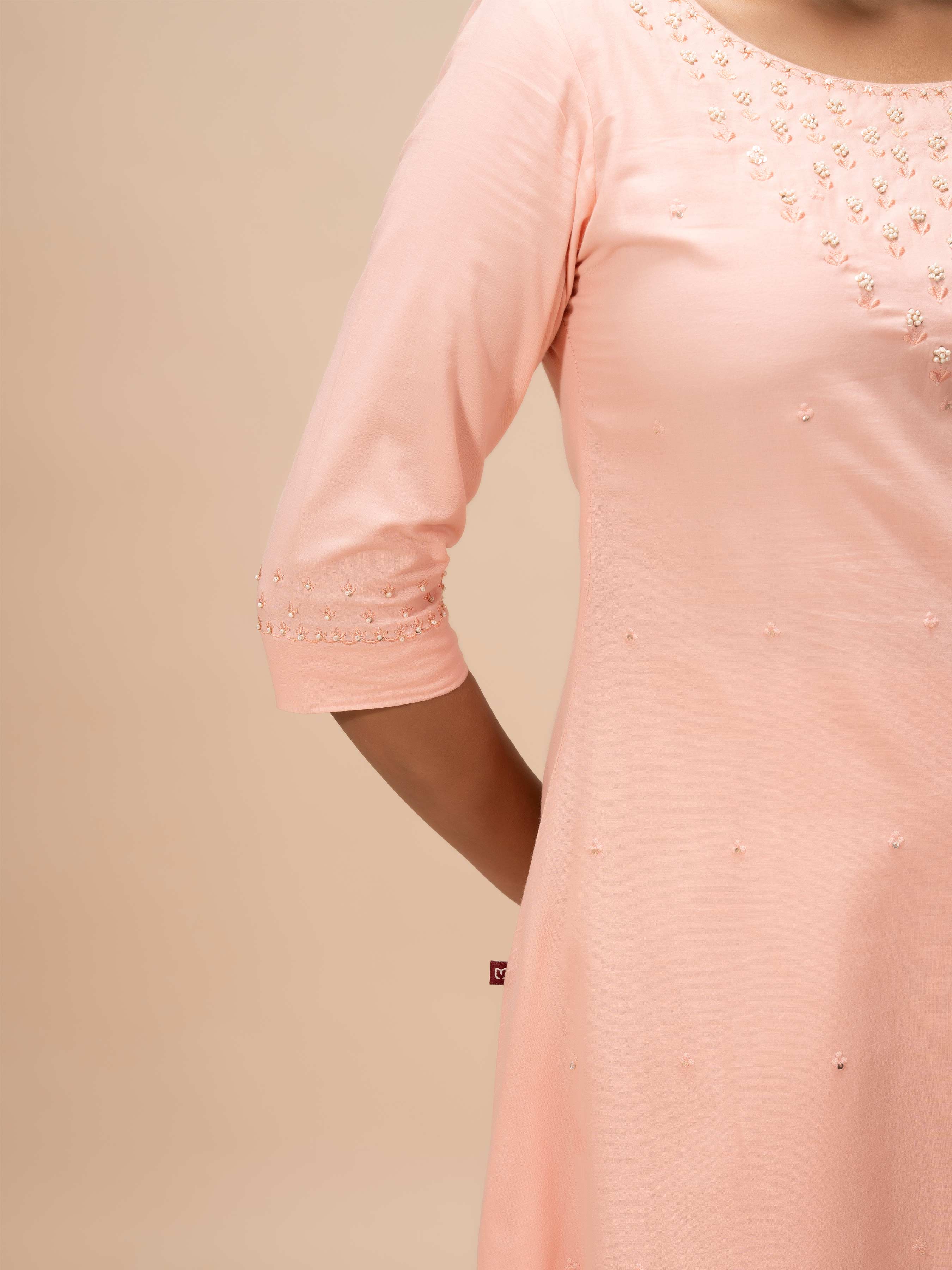 Peach Pure Cotton Kurti With Handwork