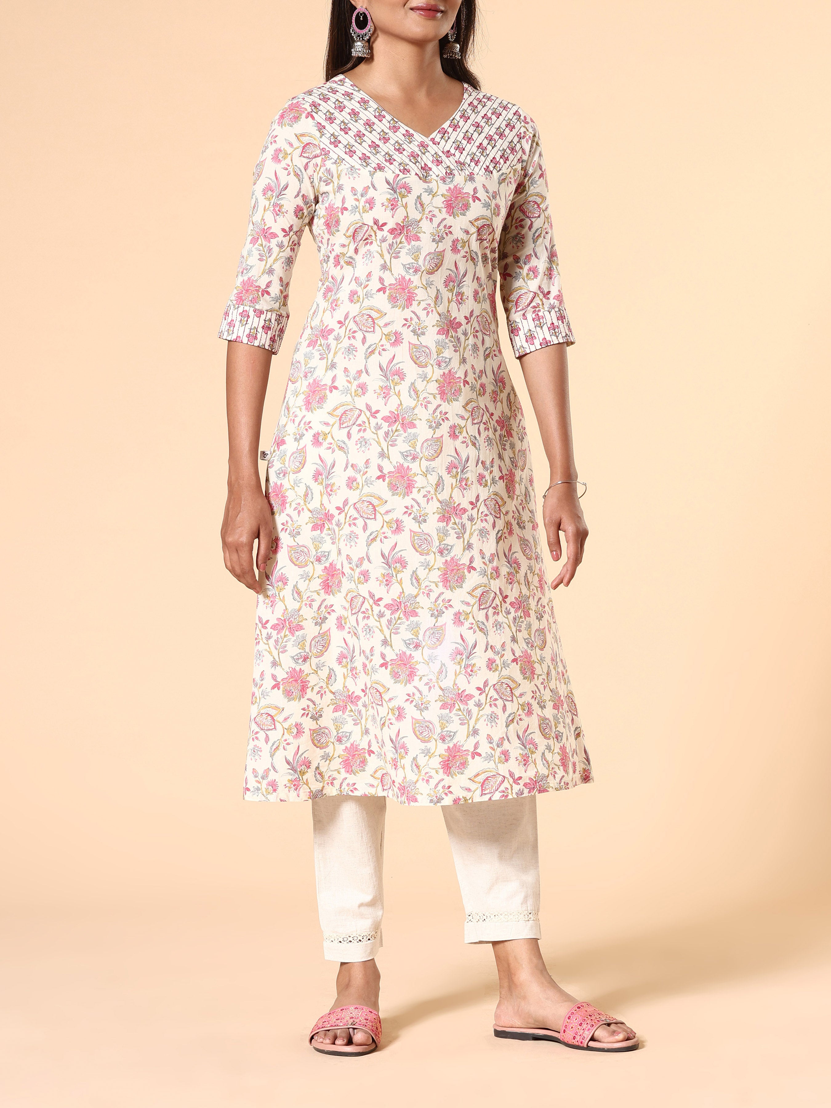 Pink Pure Cotton Printed Kurti With Embroidery