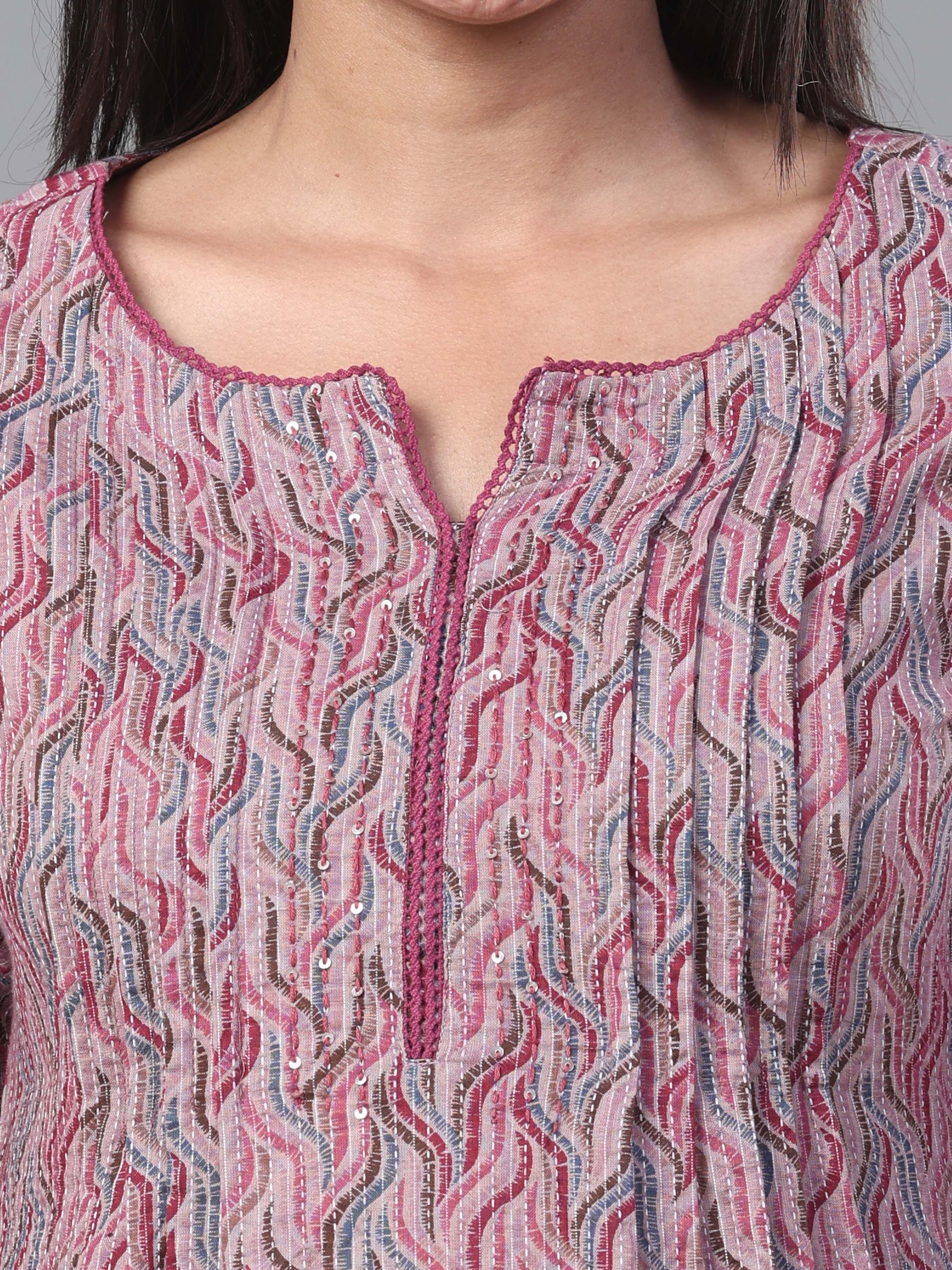 Multi Colour Pure Cotton Katha Printed Kurti