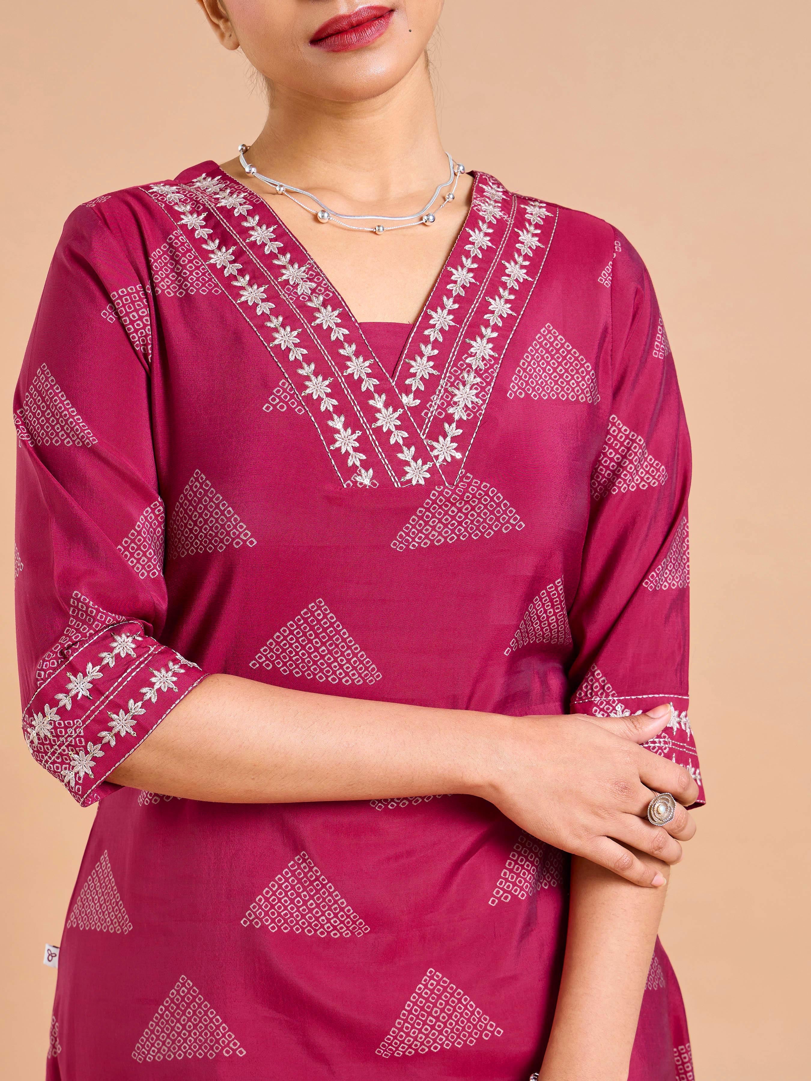 Magenta Modal Chanderi Printed Kurti With Sequins Work